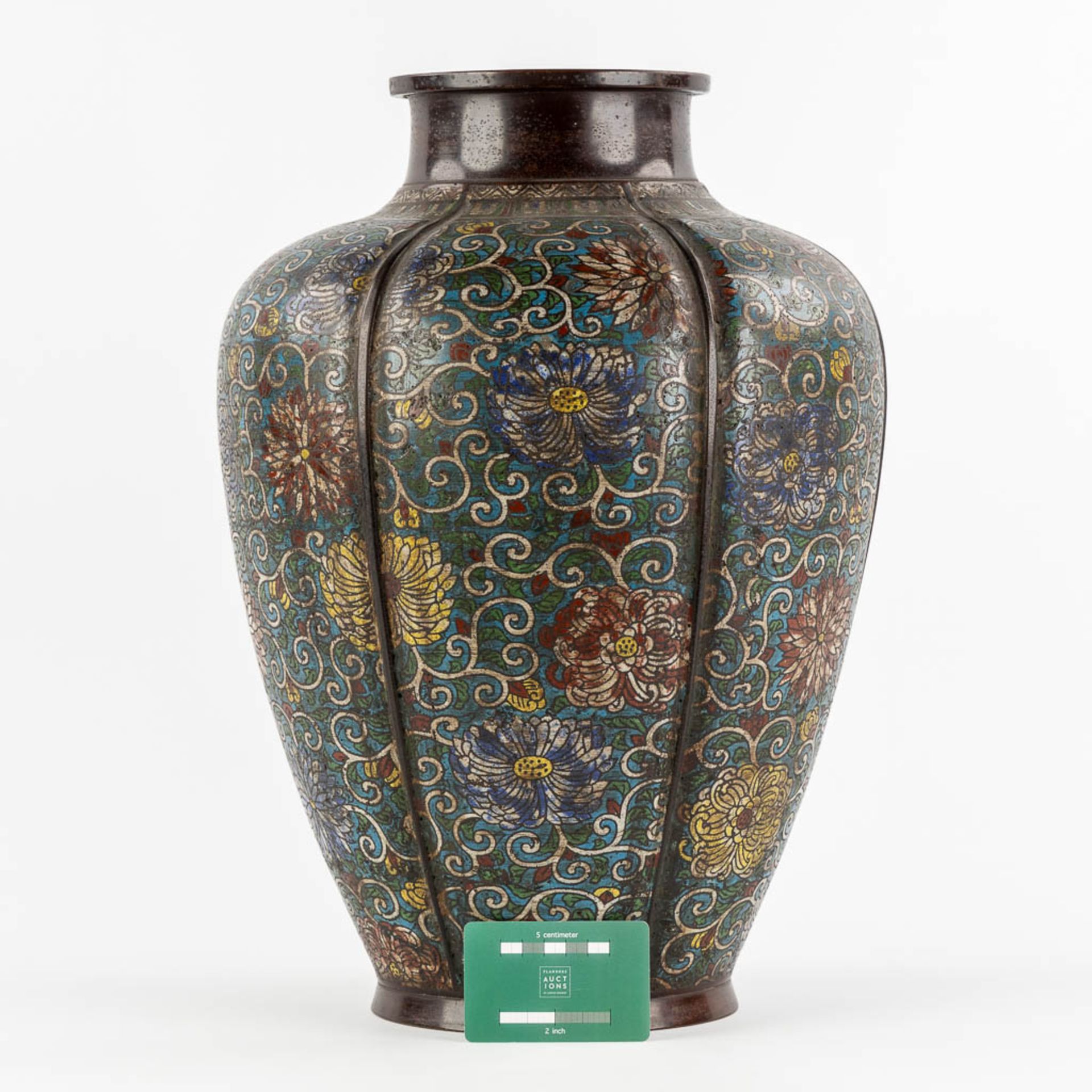 A large and Oriental vase, bronze met een Champsleve decor. (H:45 x D:32 cm) - Image 2 of 11