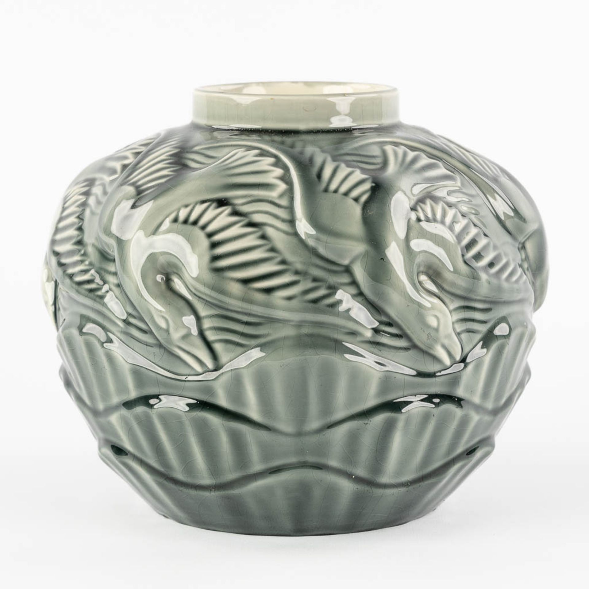 Charles CATTEAU (1880-1966) 'Vase Aux Mouettes' glazed faience. (H:20 x D:22 cm) - Image 3 of 9