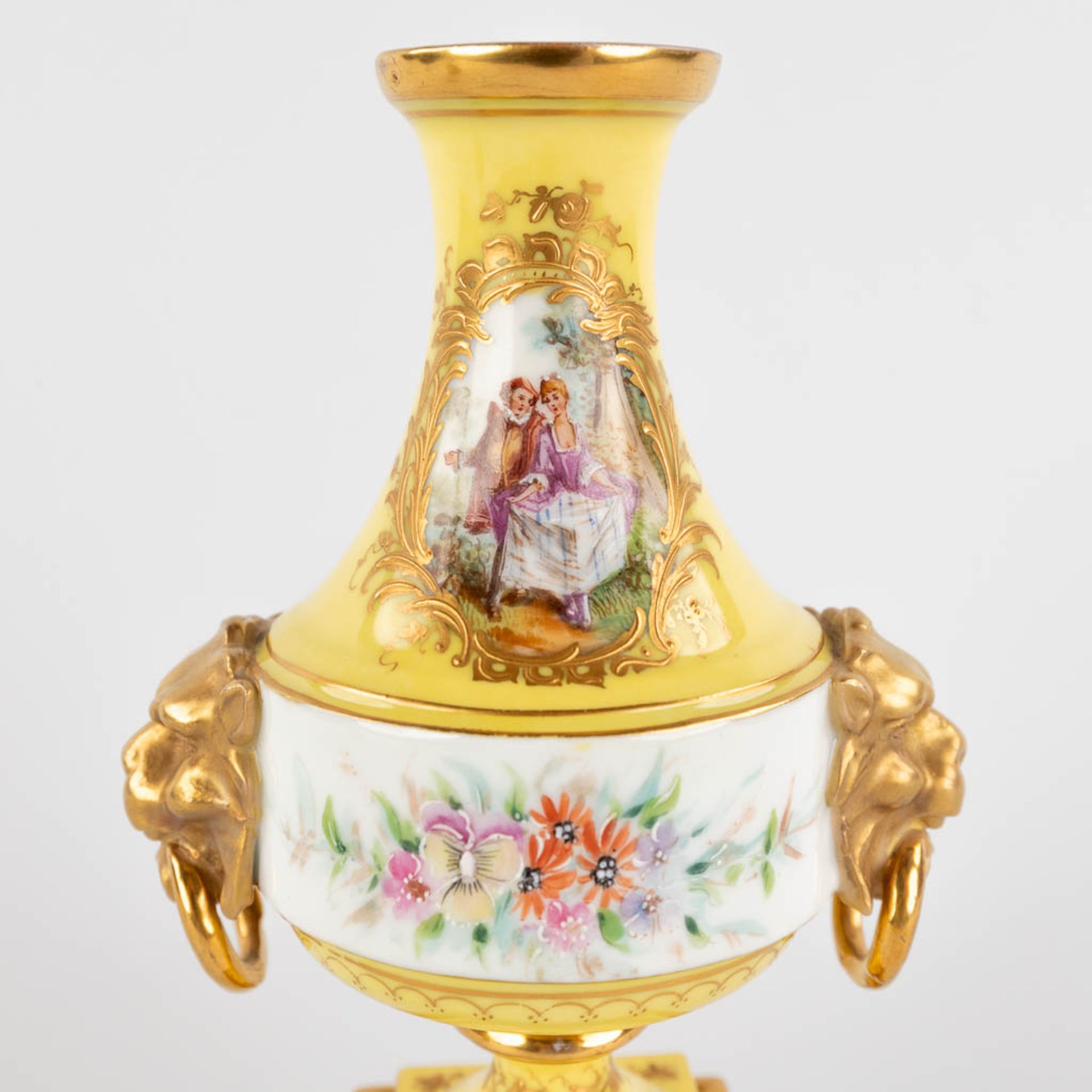 A pair of antique, hand-painted porcelain vases, yellow glaze and flower with lion's heads decor. (L - Image 15 of 16