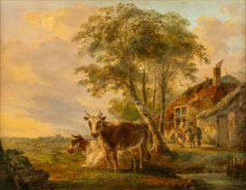 Jan VAN RAVENSWAAY (1815-1849) 'Cows and a farm' oil on panel. (W:43 x H:33 cm)
