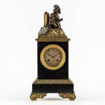 A mantle clock, bronze and marble with an image of the Arts and Crafts, Titled 'Dessin'. 19th C. (L: