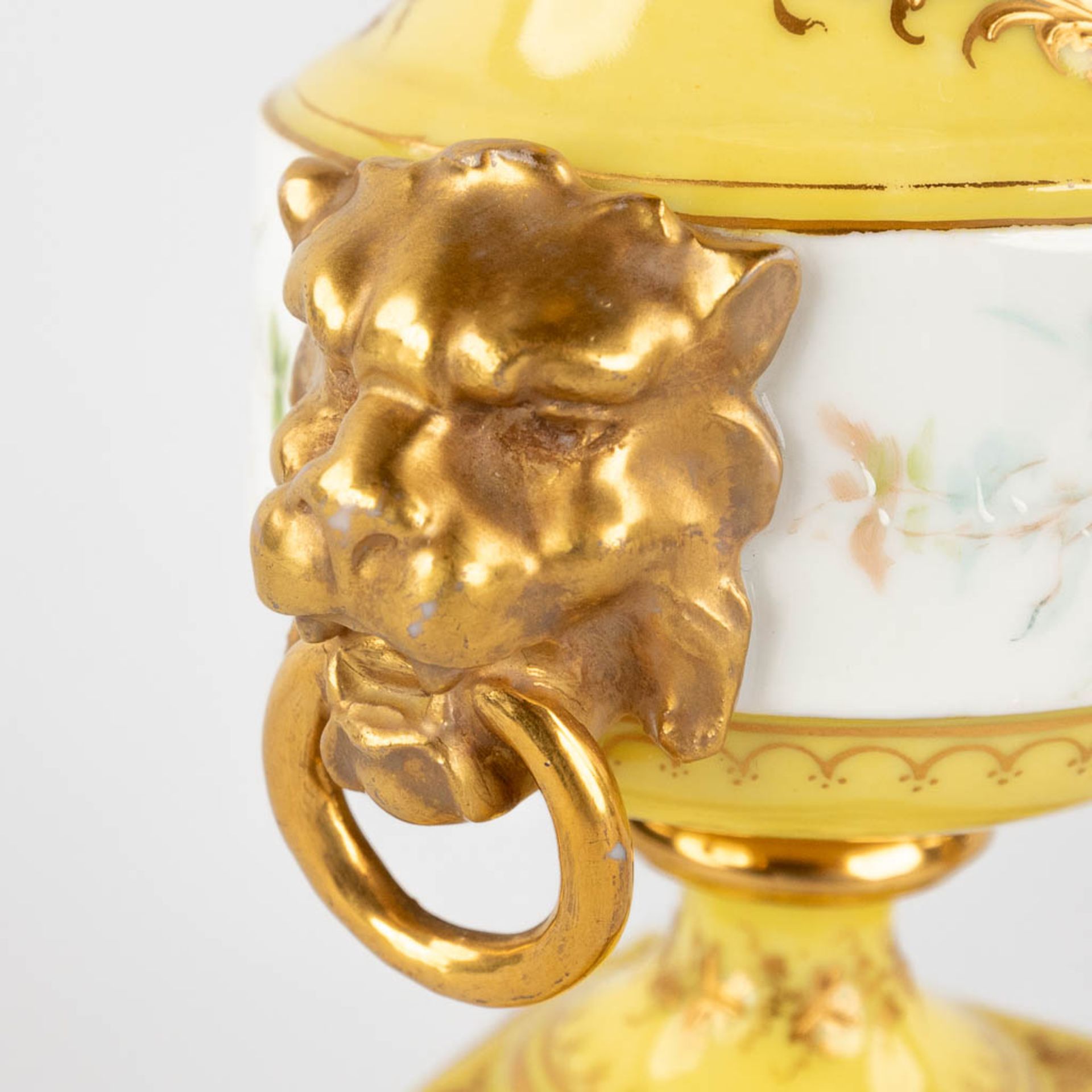 A pair of antique, hand-painted porcelain vases, yellow glaze and flower with lion's heads decor. (L - Image 13 of 16