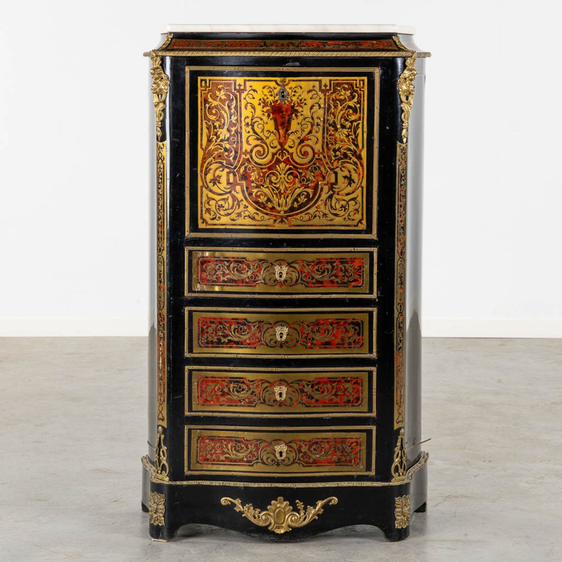 A Boulle inlay secretaire cabinet, Napoleon 3 period, 19th C. (L:36 x W:75 x H:122 cm) - Image 4 of 18