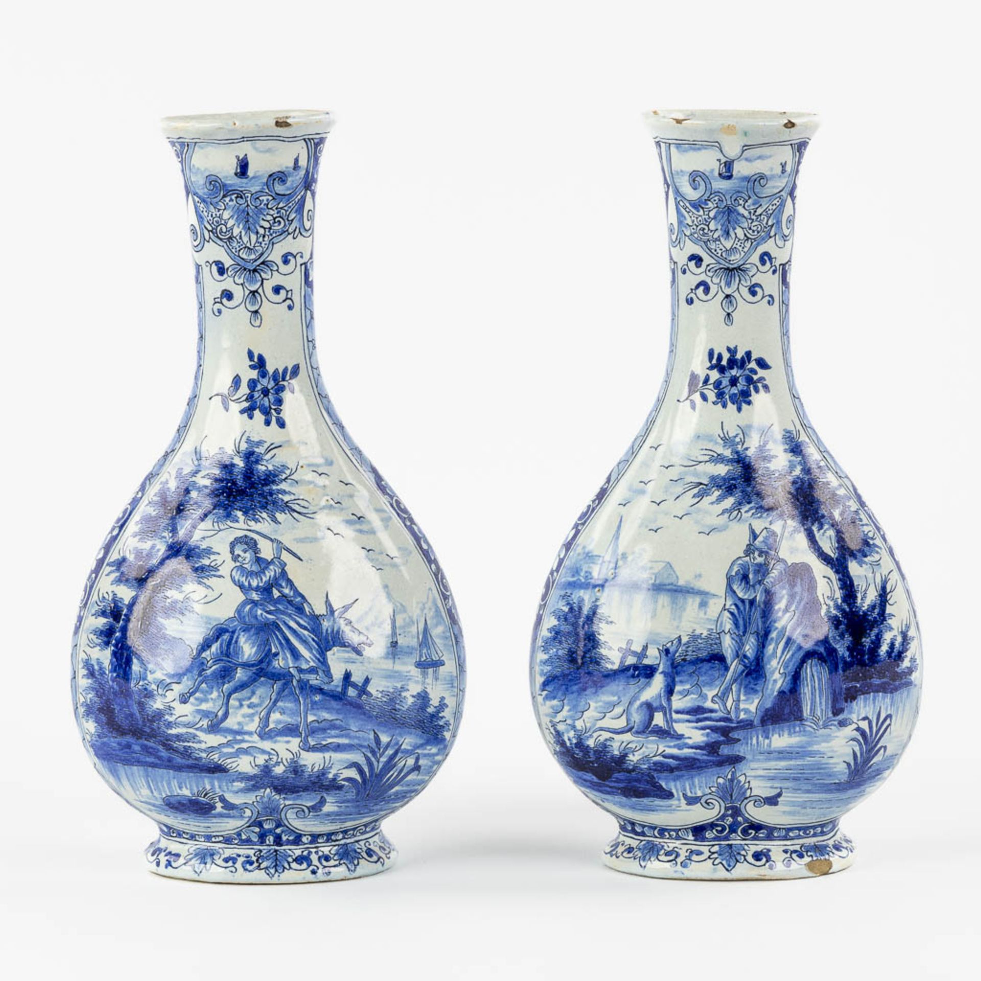 Geertrui Verstelle, Delft, a pair of vases with a landscape decor. Mid 18th C. (L:9 x W:14 x H:26,5 - Image 3 of 15
