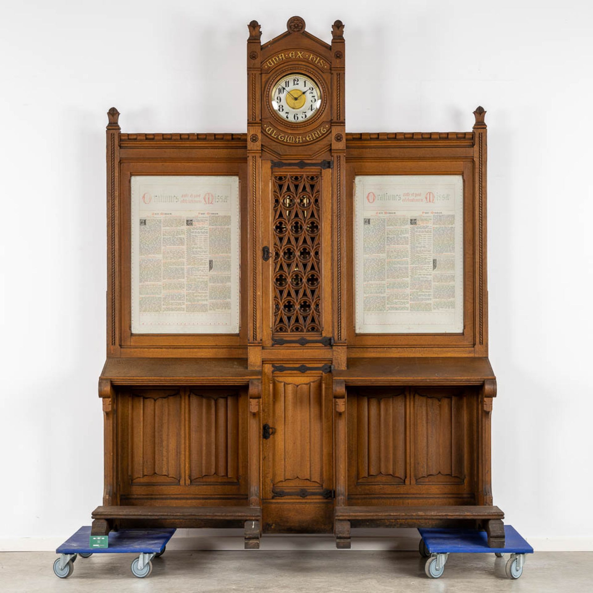 A Gotic Revival prayer bench and standing clock, Finished with Canon Boards, Oak, Circa 1900. (H:258 - Image 2 of 8