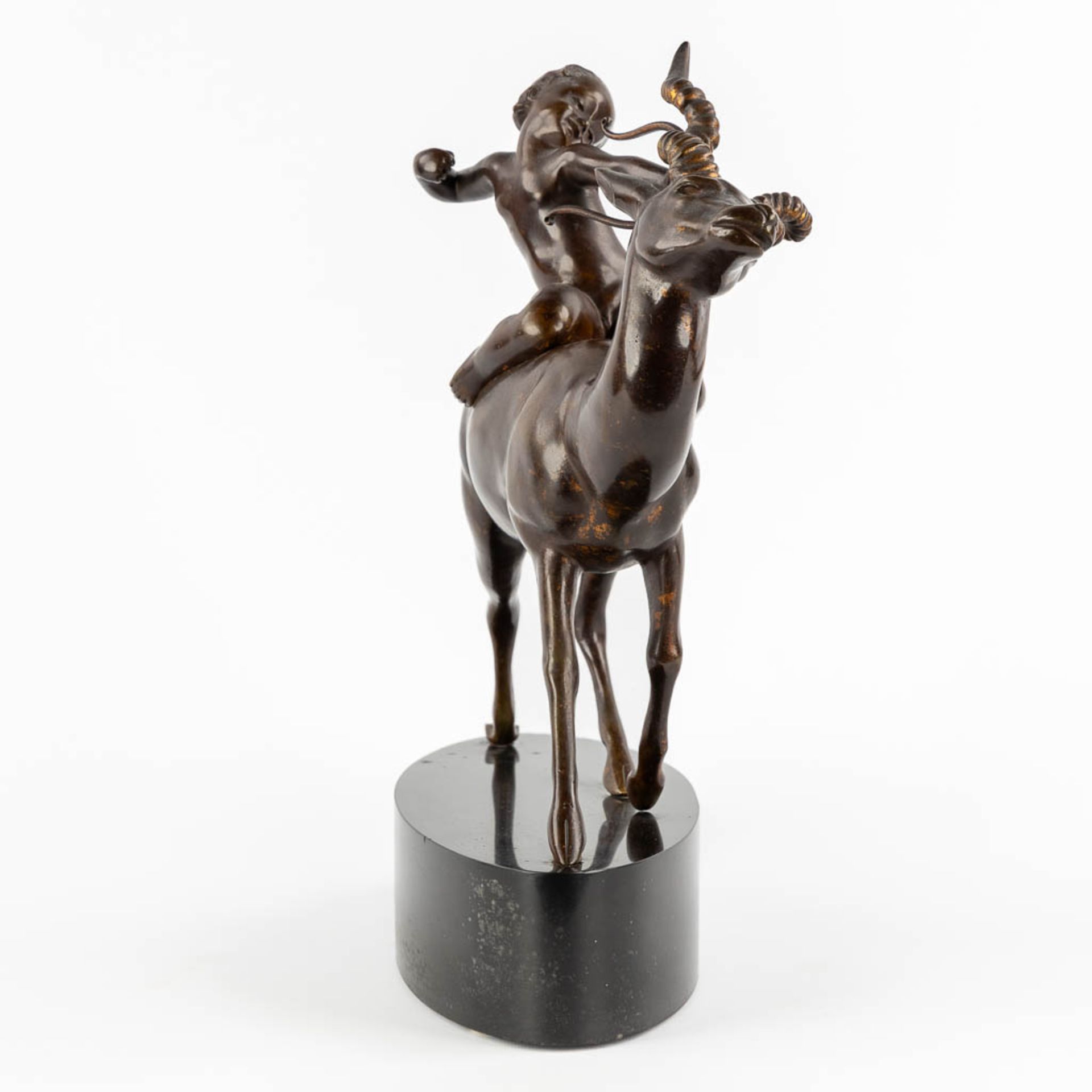 Cupid riding an Antelope, patinated bronze on a black marble base. (L:16 x W:40 x H:40 cm) - Bild 6 aus 11