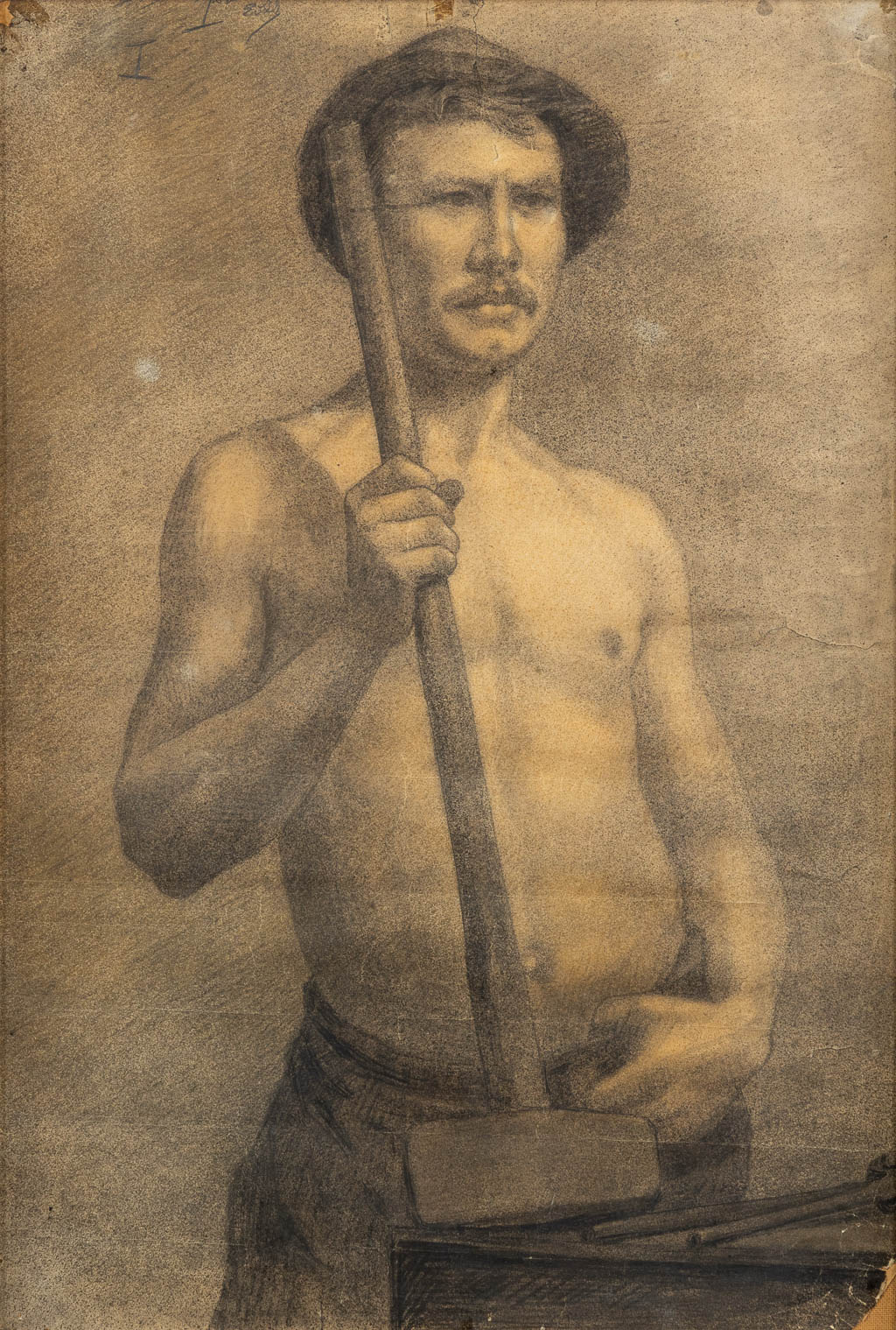 A drawing of a blacksmith, pencil on paper. In the style of Constantin Meunier. (W:55 x H:80 cm)