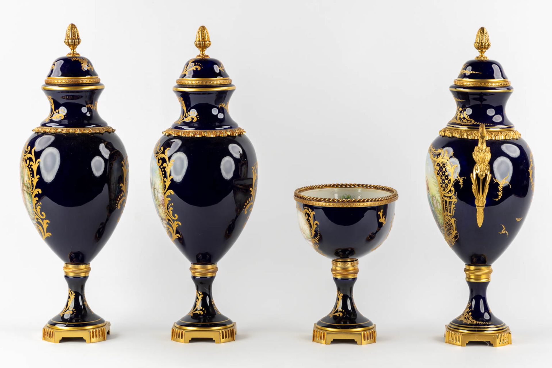 Limoges, three vases and a bowl, hand-painted porcelain mounted with bronze. 20th C. (H:51 x D:17 cm - Image 6 of 19