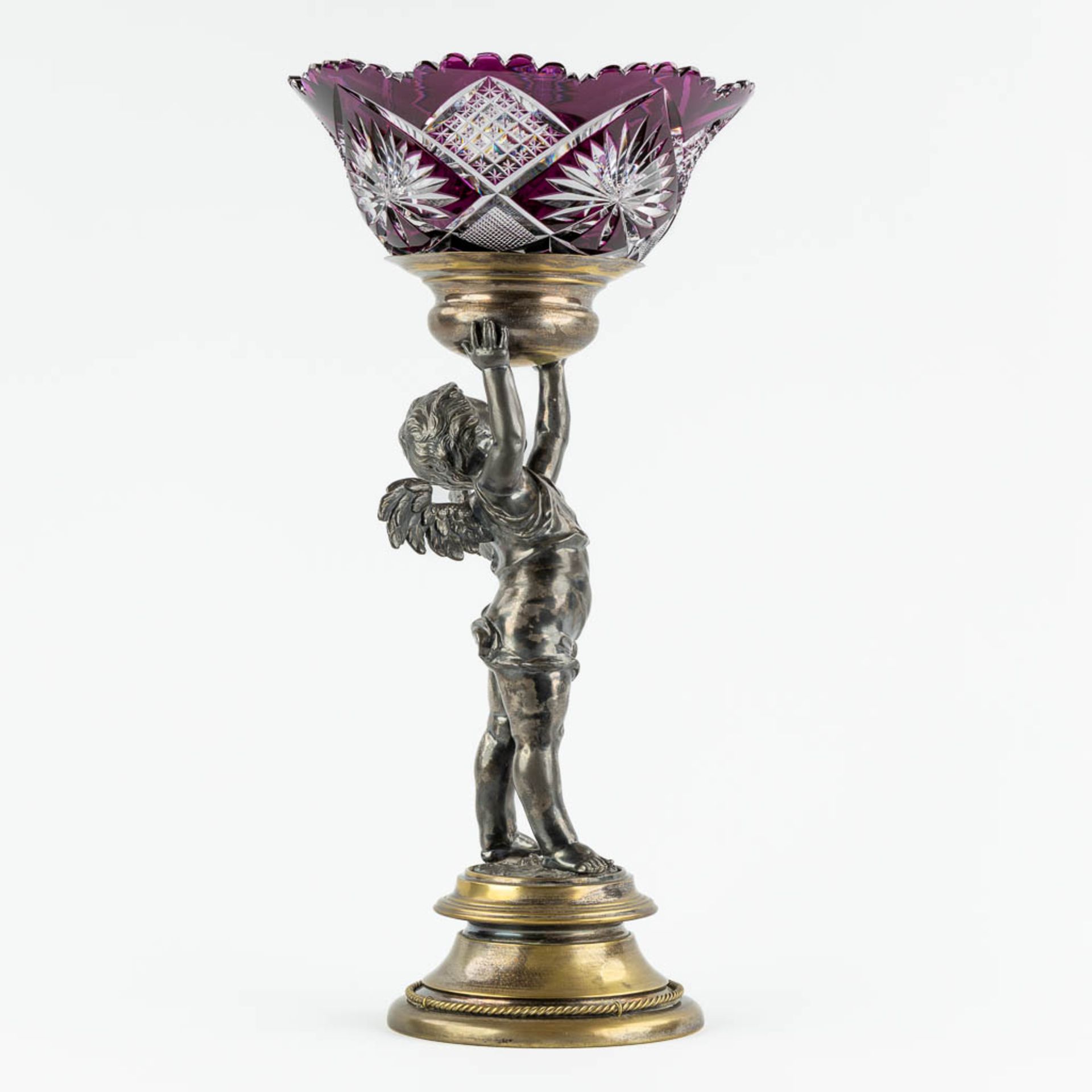 A putto, silver and gold plated bronze with crystal bowl, probably Val Saint Lambert. (H:56 x D:28 c - Bild 6 aus 13
