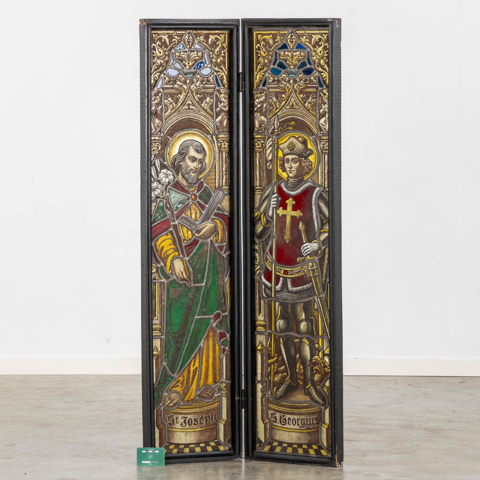 A pendant 'stained glass paintings', Saint Joseph and Gregory, in a wood frame. (W:136 x H:62 cm) - Bild 2 aus 13