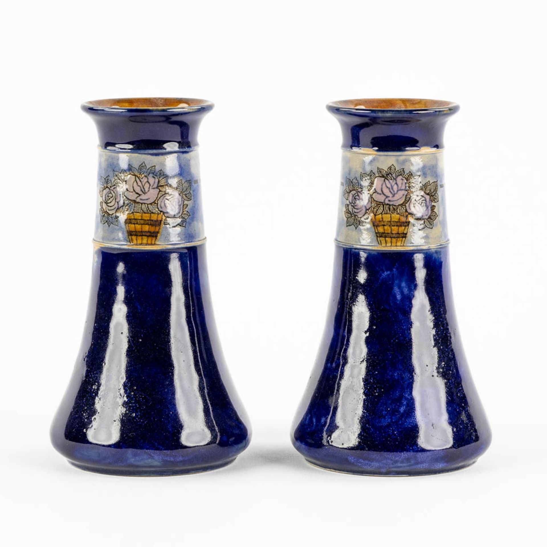 Royal Doulton, a pair of blue-glaze stoneware vases, Art Nouveau. (H:18 x D:10 cm) - Image 3 of 10