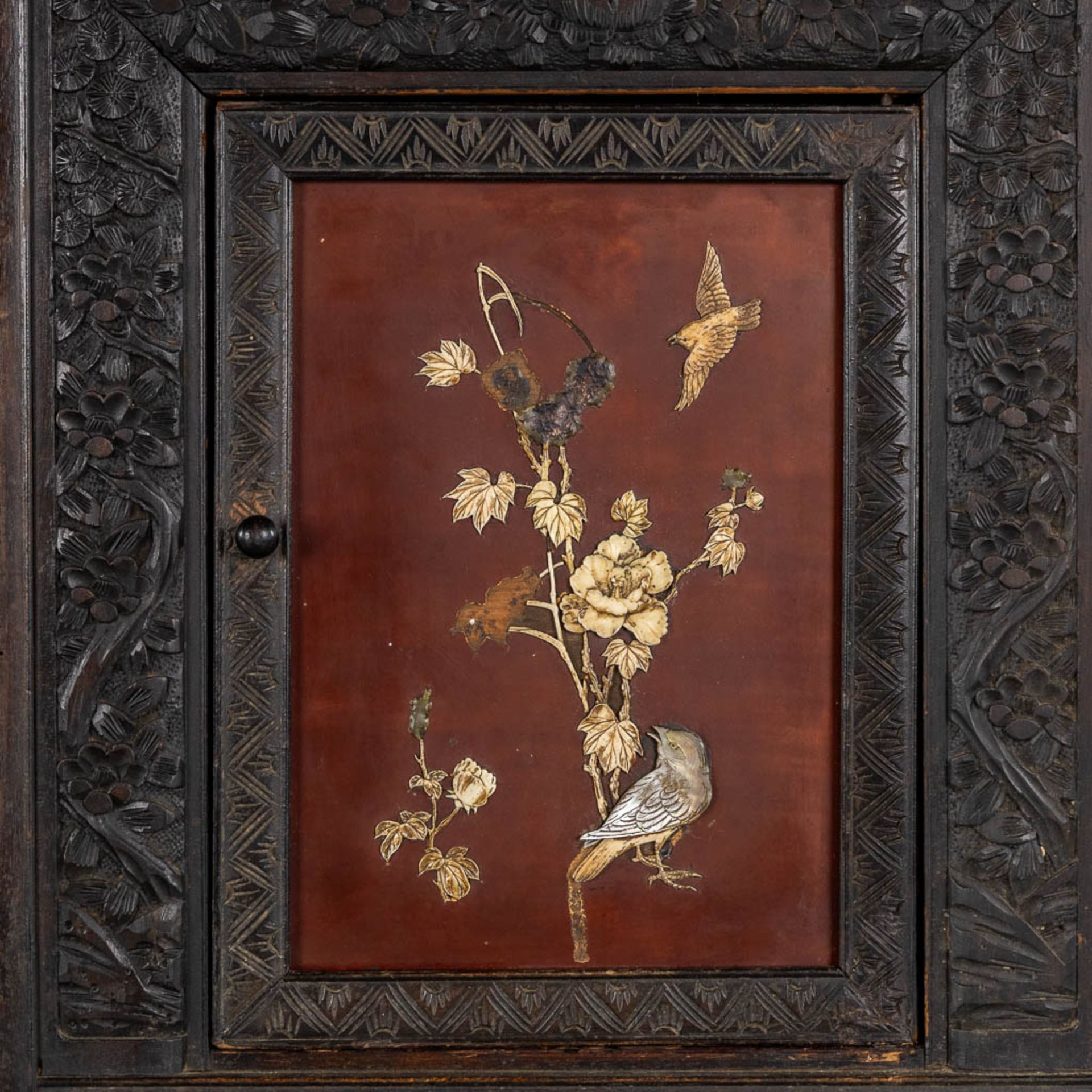 A Japanese Shibayama show cabinet, sculptured wood and inlay decorated with Fauna and Flora. (L:36 x - Image 4 of 17