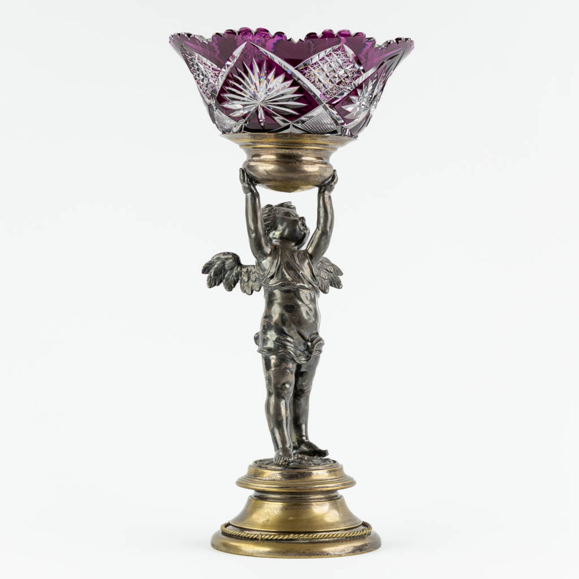 A putto, silver and gold plated bronze with crystal bowl, probably Val Saint Lambert. (H:56 x D:28 c