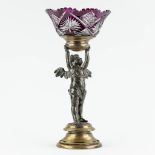 A putto, silver and gold plated bronze with crystal bowl, probably Val Saint Lambert. (H:56 x D:28 c