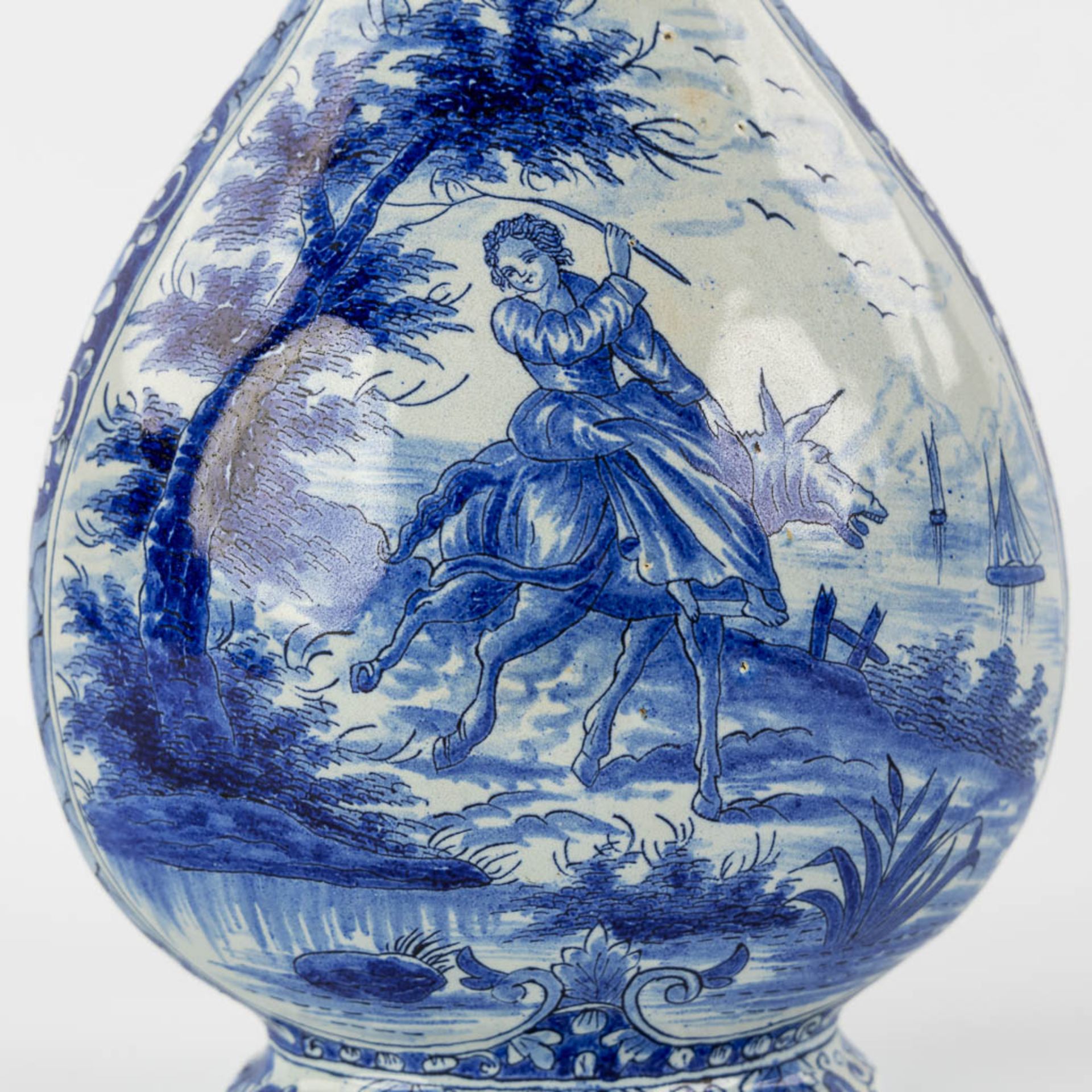 Geertrui Verstelle, Delft, a pair of vases with a landscape decor. Mid 18th C. (L:9 x W:14 x H:26,5 - Image 12 of 15