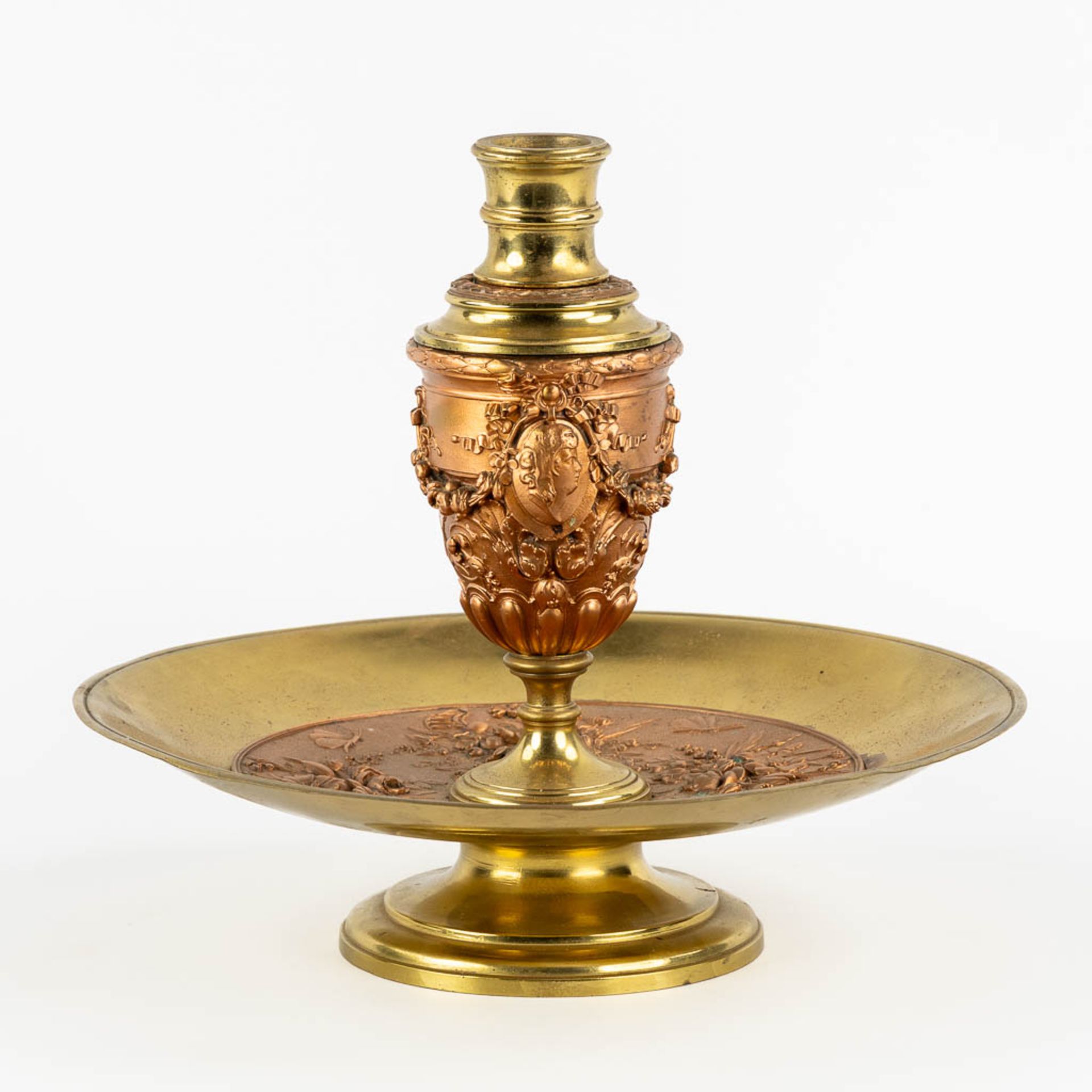 A table centrepiece, brass and copper patinated spelter, decorated with fauna and flora. 19th C. (H: - Image 4 of 12