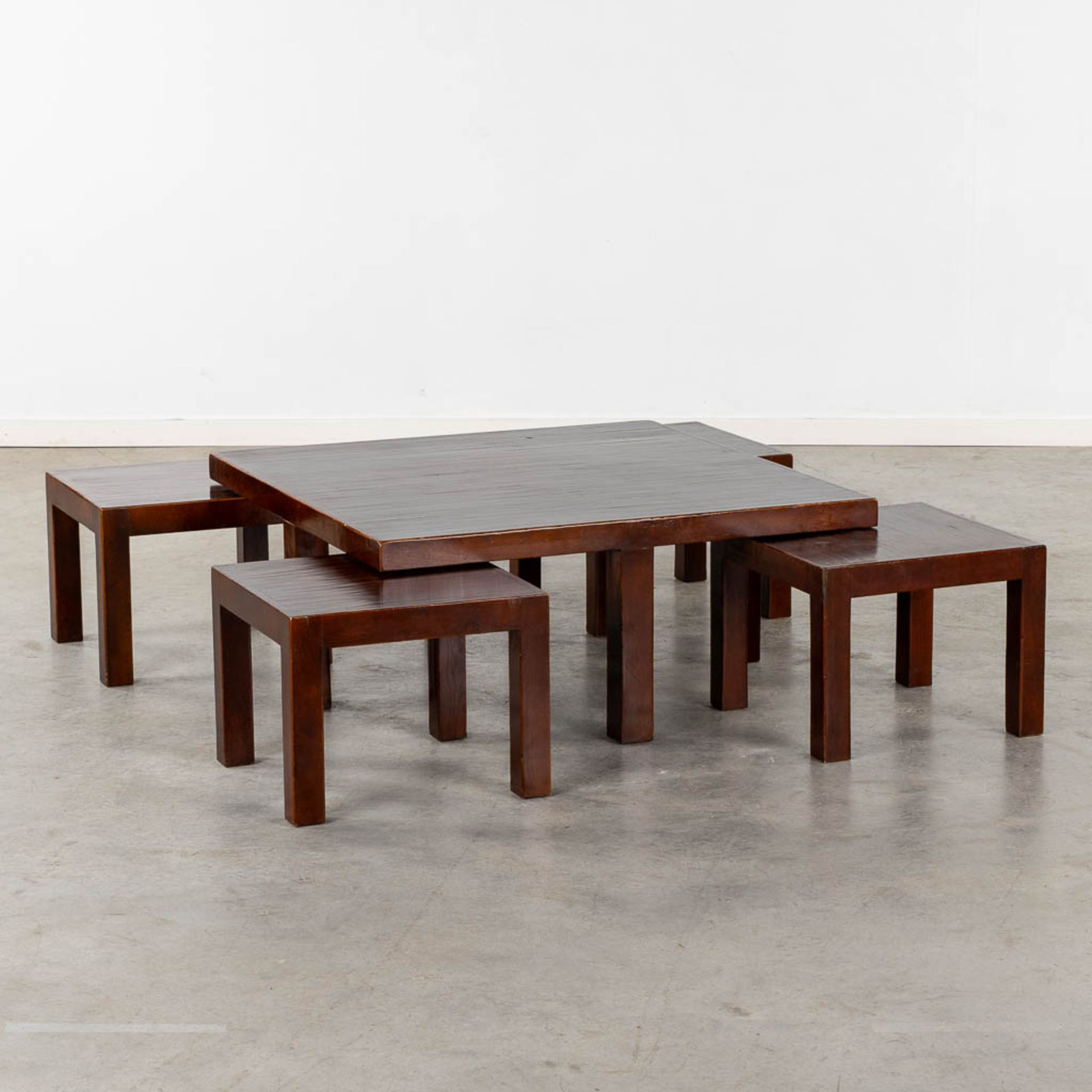 A decorative coffee table with 4 smaller, bamboo top on hardwood. Circa 1980. (L:90 x W:90 x H:38 cm