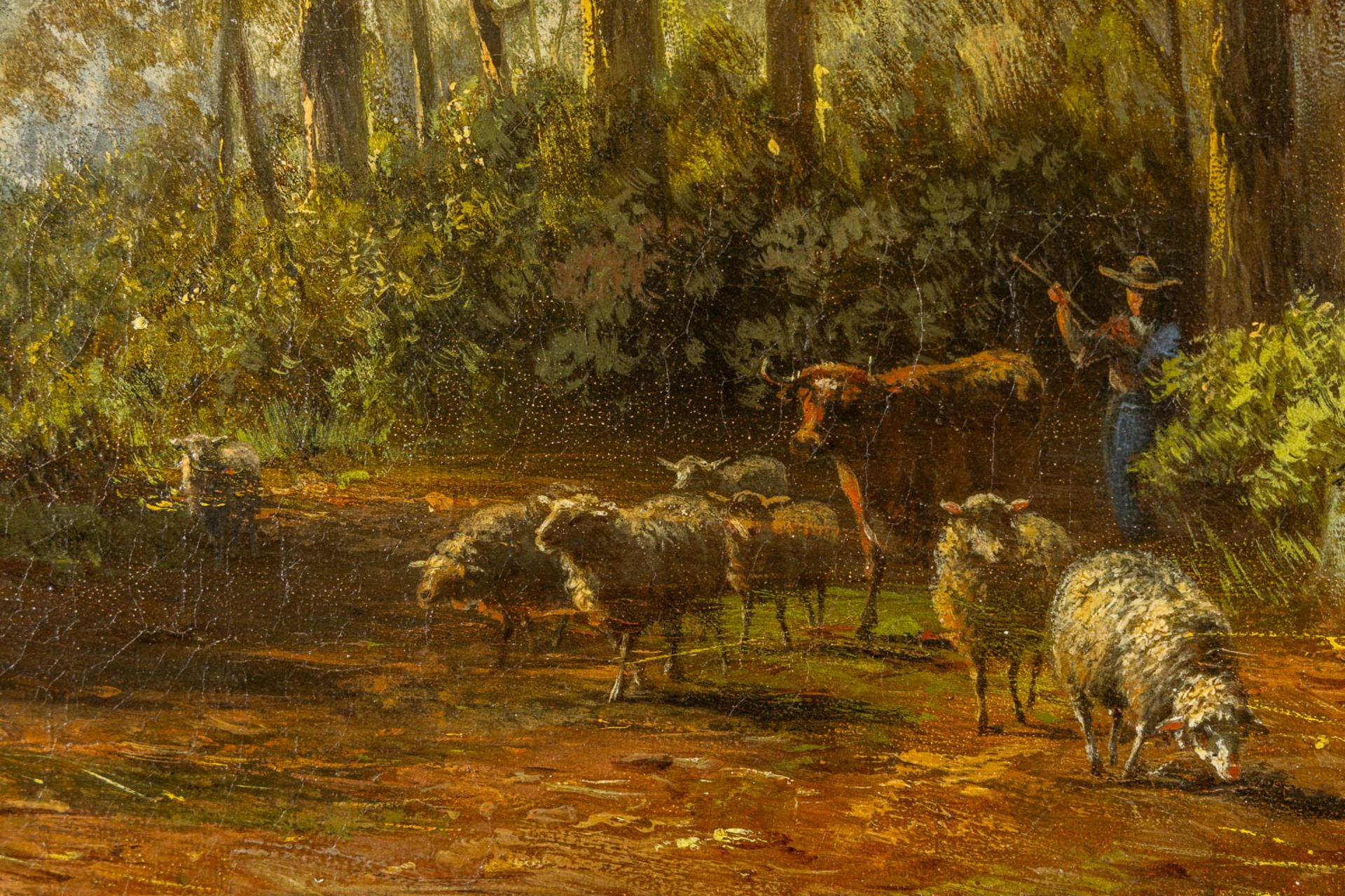 Hendrik VERHEGGEN (1809-1883) 'Sheep in a forest' Barbizon School, oil on canvas. (W:46 x H:58 cm) - Image 4 of 8