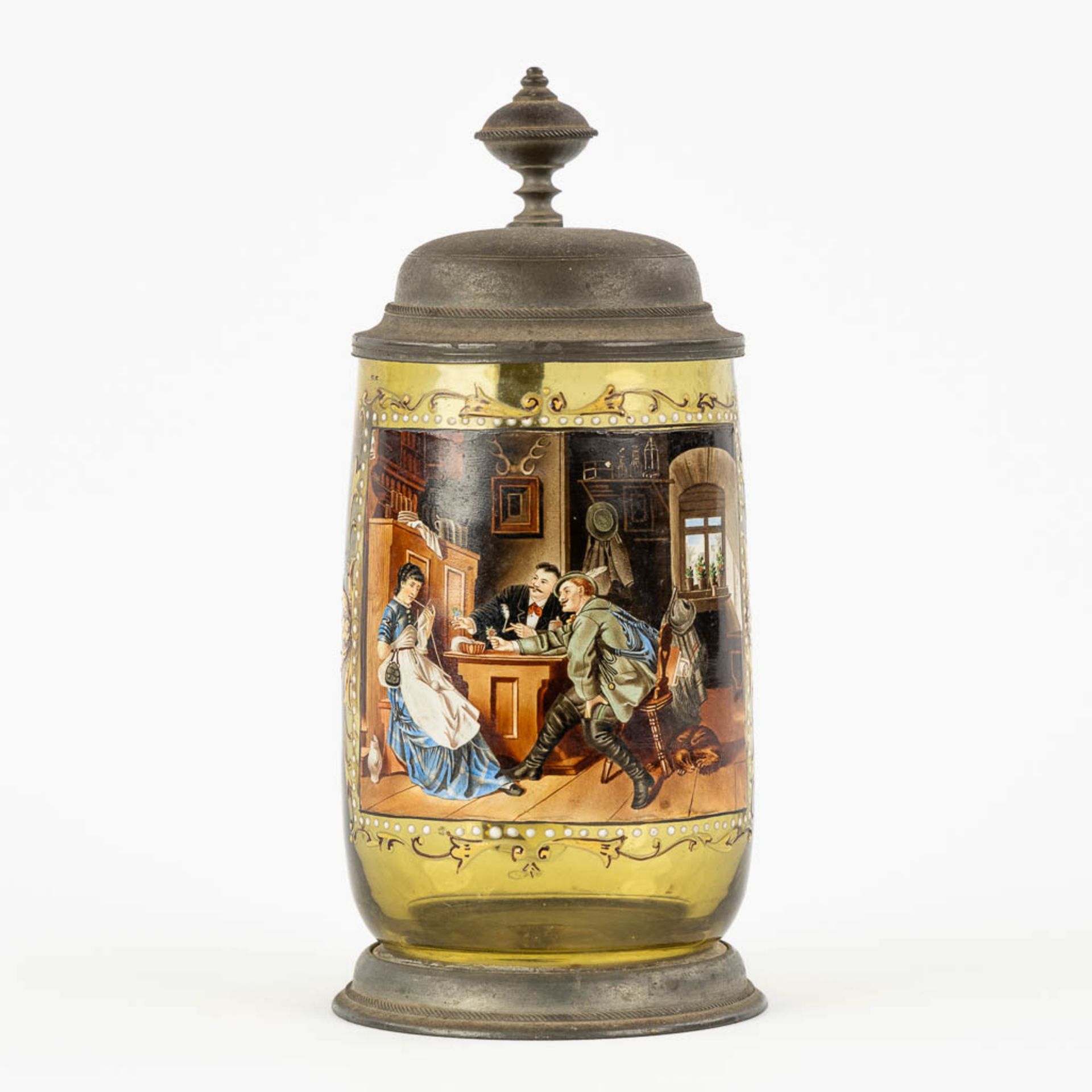 A finely painted Thiersenthal 'Beer Stein' with a pewter lid, Glashütte, Germany. 19th C. (H: - Image 3 of 11