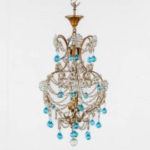 An attractive ceiling lamp, gilt metal and blue coloured glass. Circa 1940. (H:63 x D:35 cm)