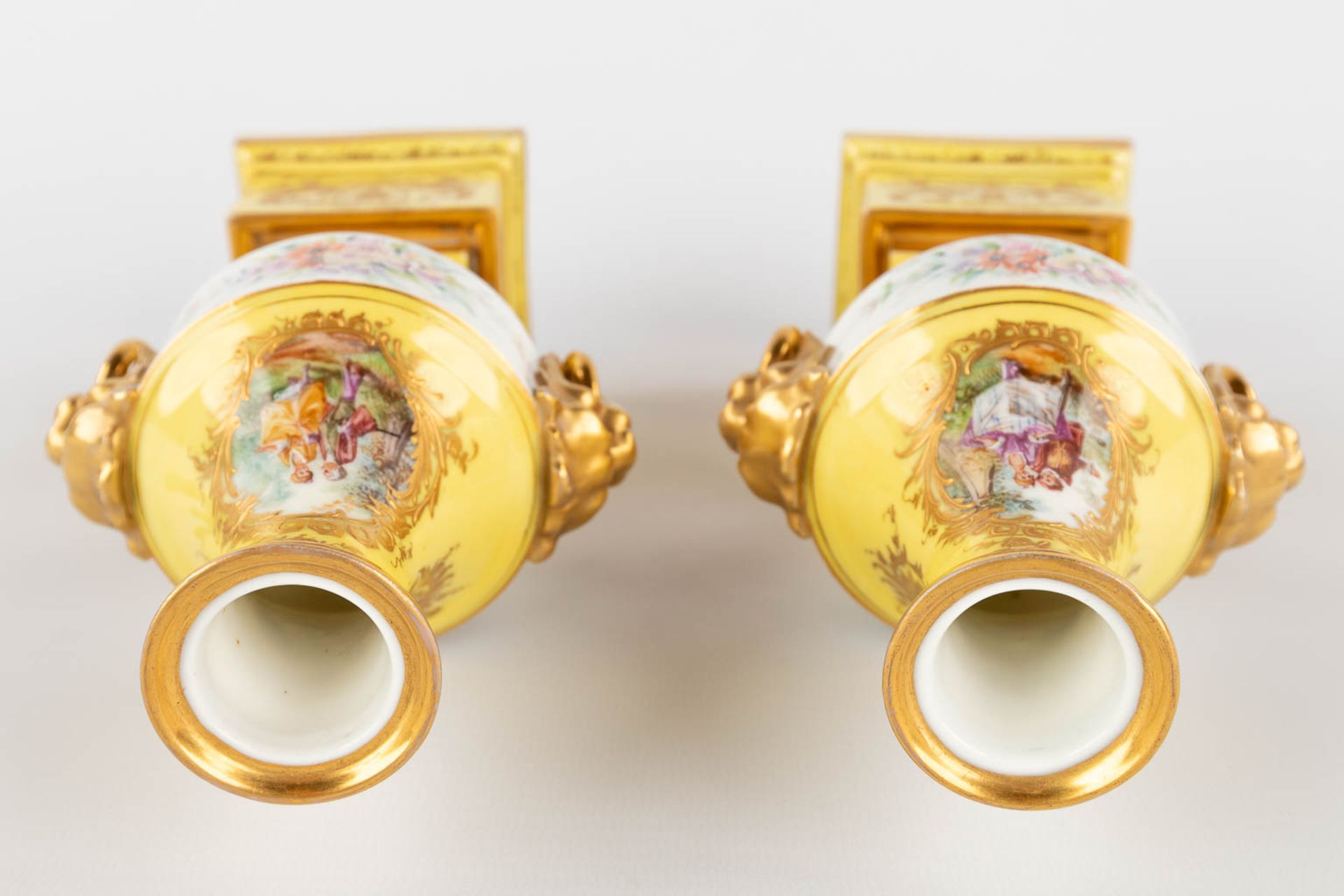 A pair of antique, hand-painted porcelain vases, yellow glaze and flower with lion's heads decor. (L - Image 10 of 16