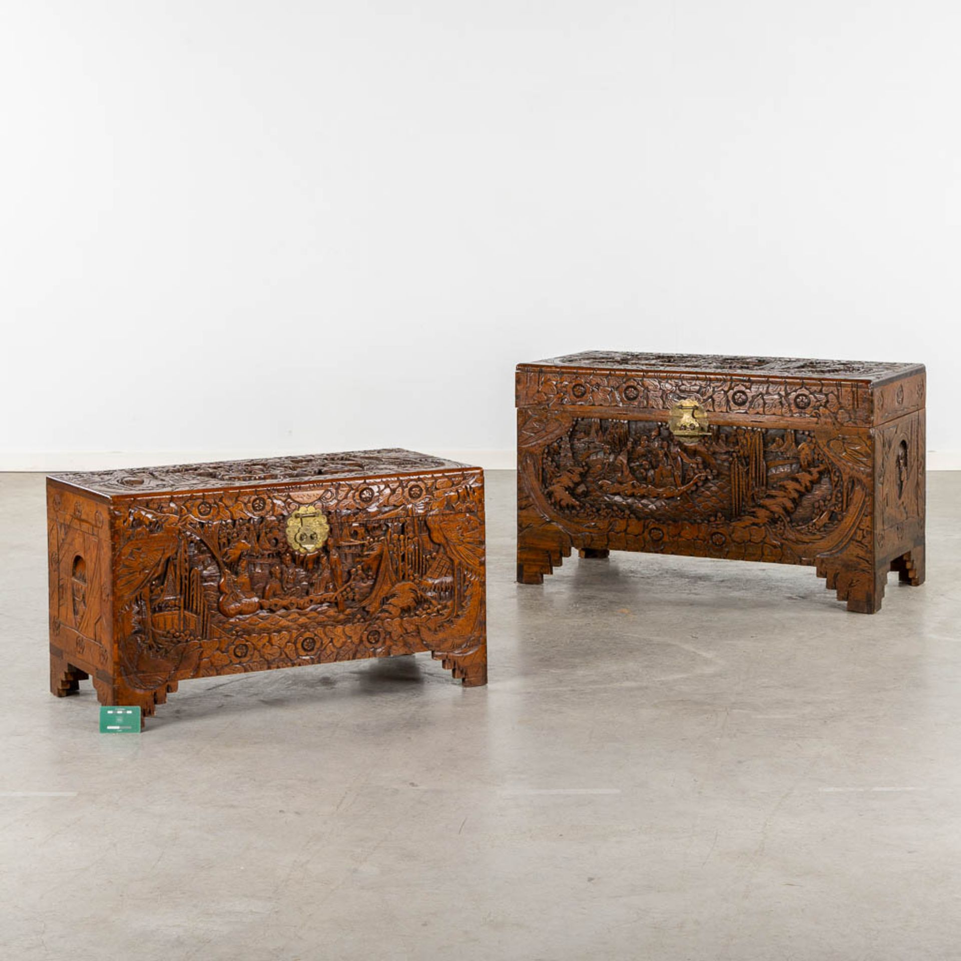 Two Oriental chests, tropical hardwood. Probably Myanmar. (L:50 x W:102 x H:60 cm) - Image 2 of 21