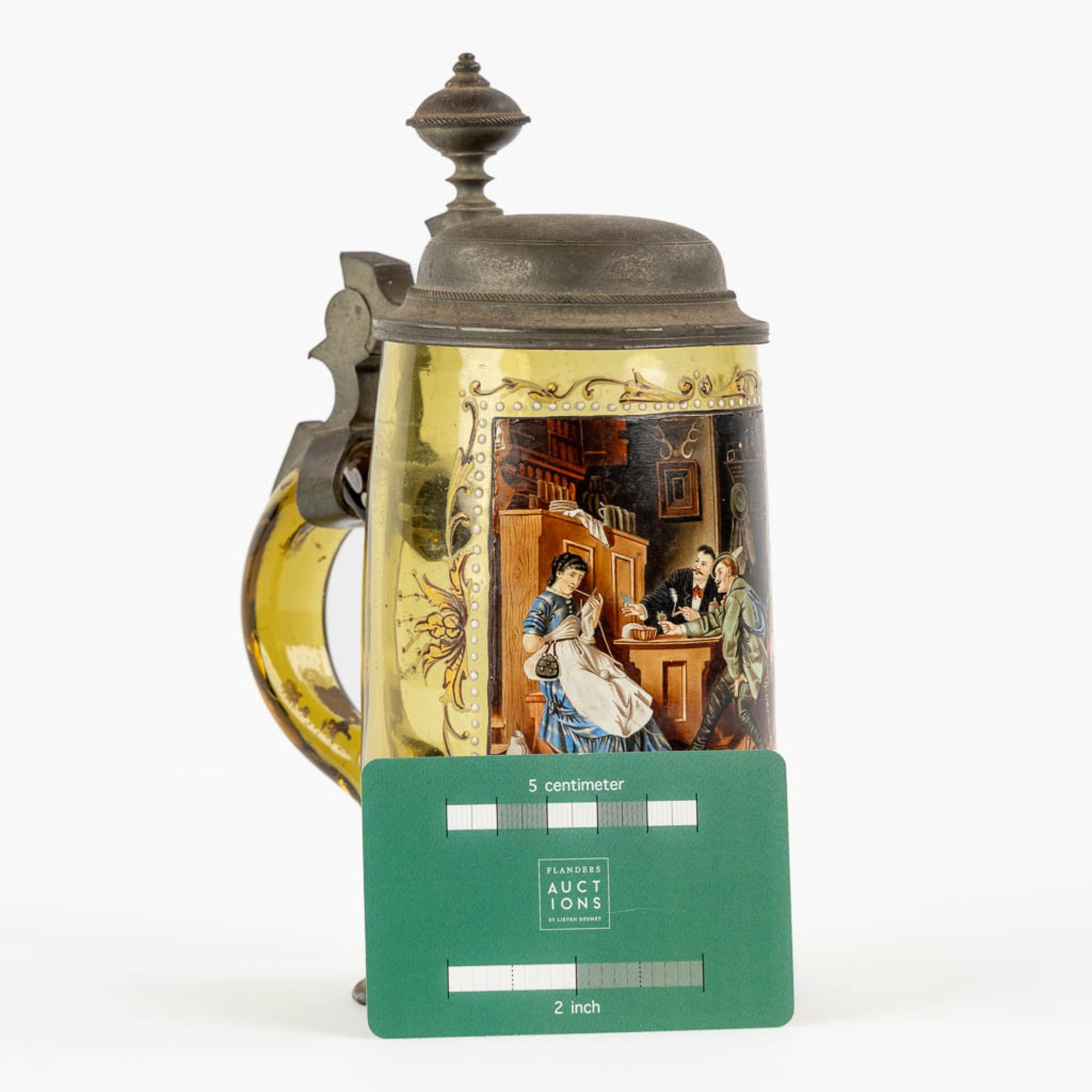 A finely painted Thiersenthal 'Beer Stein' with a pewter lid, Glashütte, Germany. 19th C. (H: - Image 2 of 11