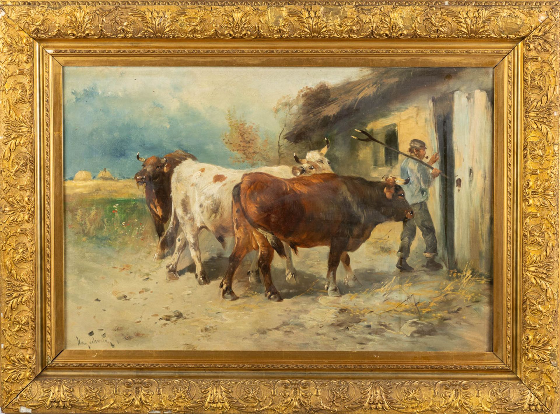 Henry SCHOUTEN (1857/64-1927) 'Farmer and his cows' oil on canvas. (W:90 x H:60 cm) - Image 3 of 8