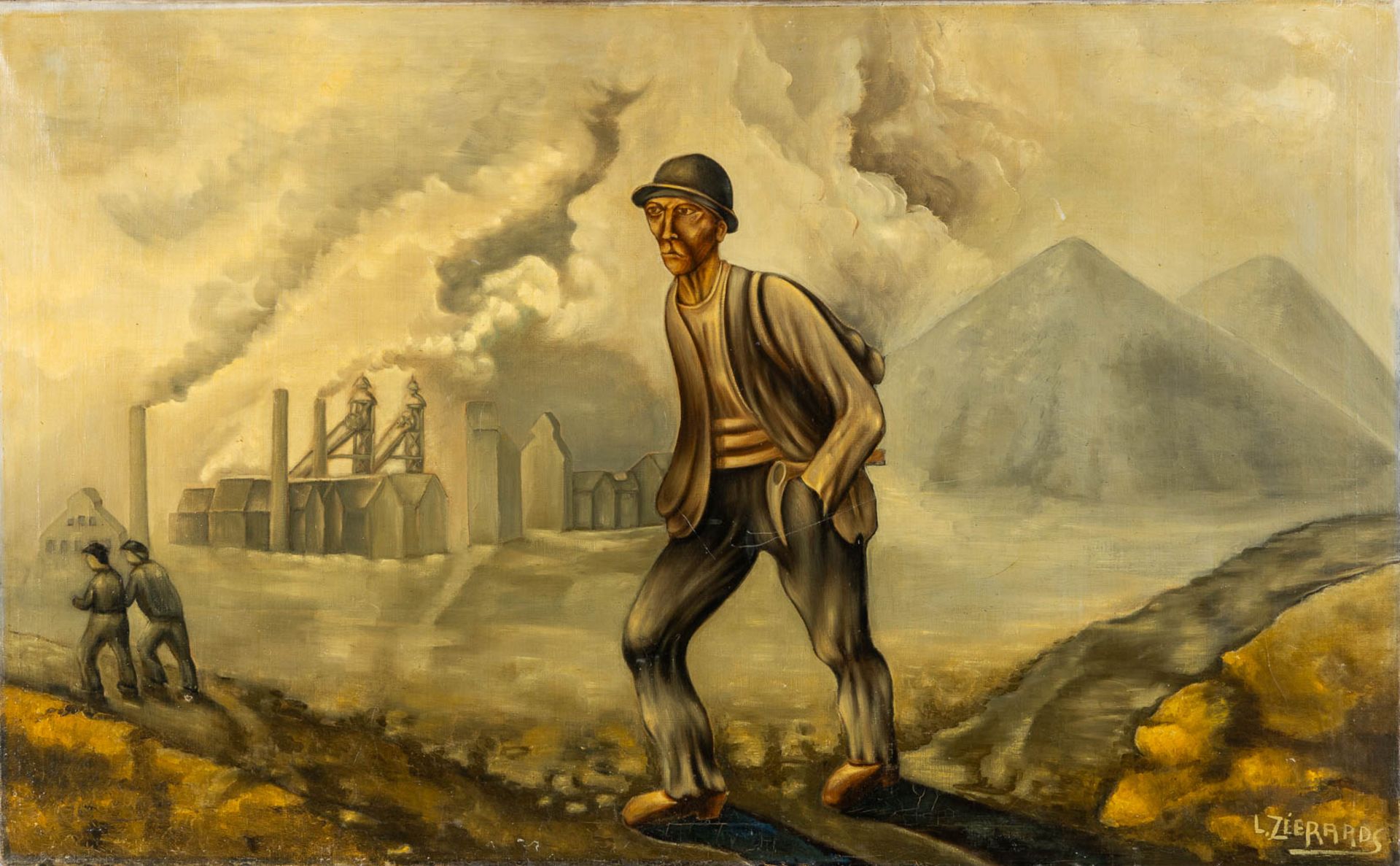 'The Commute of a miner' oil on canvas. Signed Zéerards L. (W:130 x H:80 cm) - Image 3 of 11