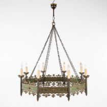 A large church chandelier in octagonal shape, bronze in Gothic Revival style. 19th C. (H:40 x D:101
