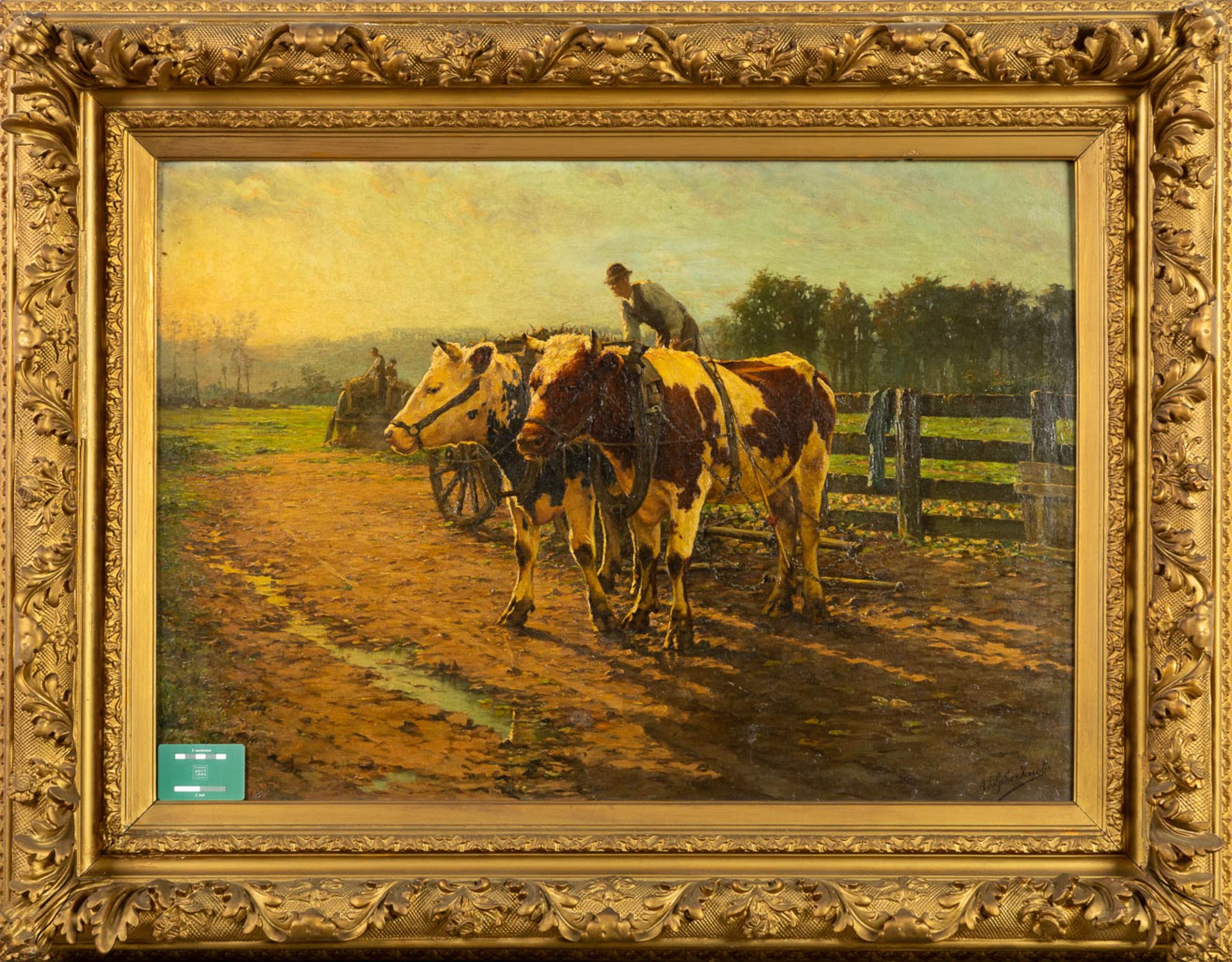 Adolphe JACOBS (1859-1940) 'Cattle hauling a cart' oil on canvas. (W:92 x H:71 cm) - Image 2 of 9