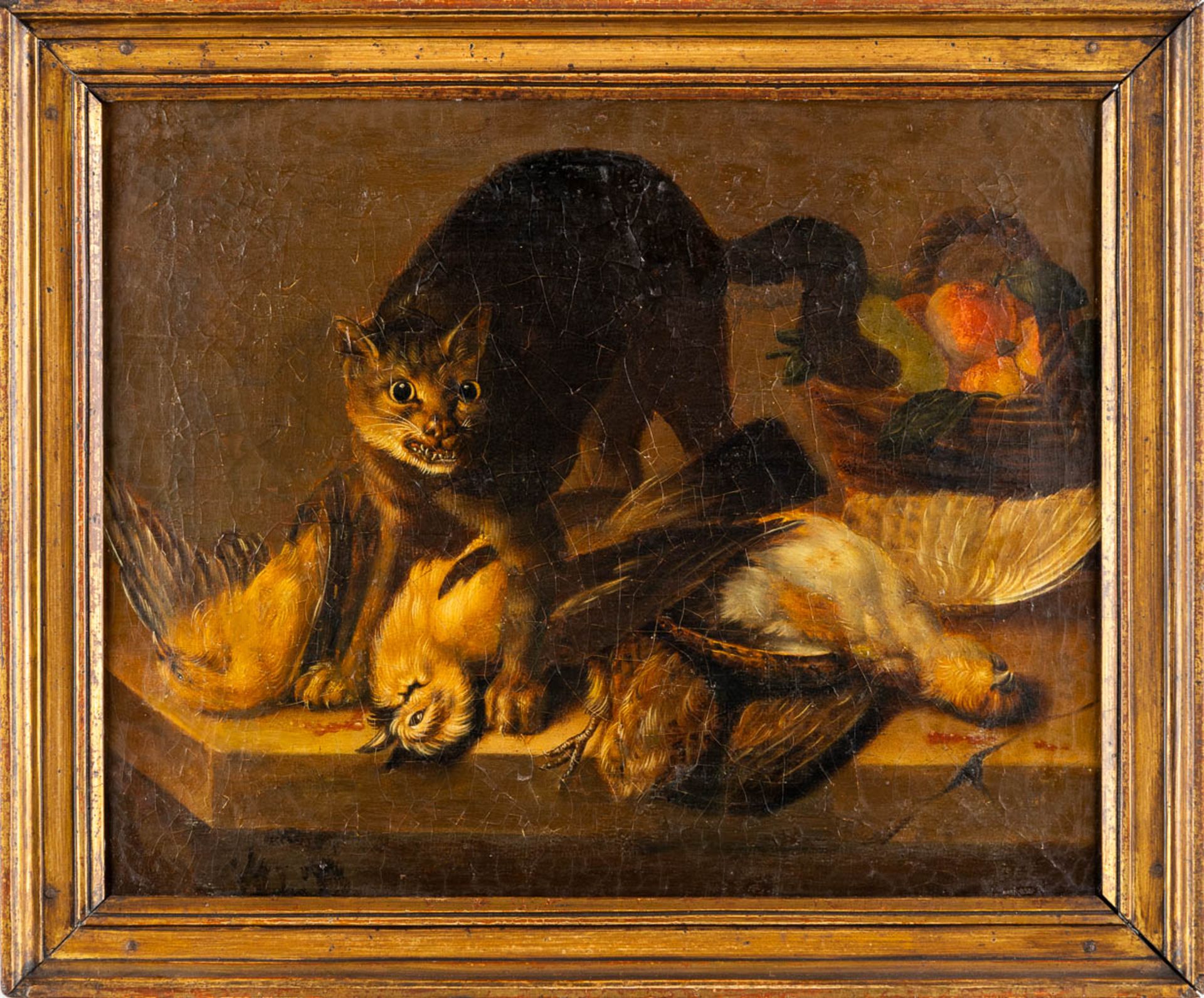 An angry cat and his prey, still life, oil on canvas. 19th C. (W:42,5 x H:34 cm) - Image 3 of 8