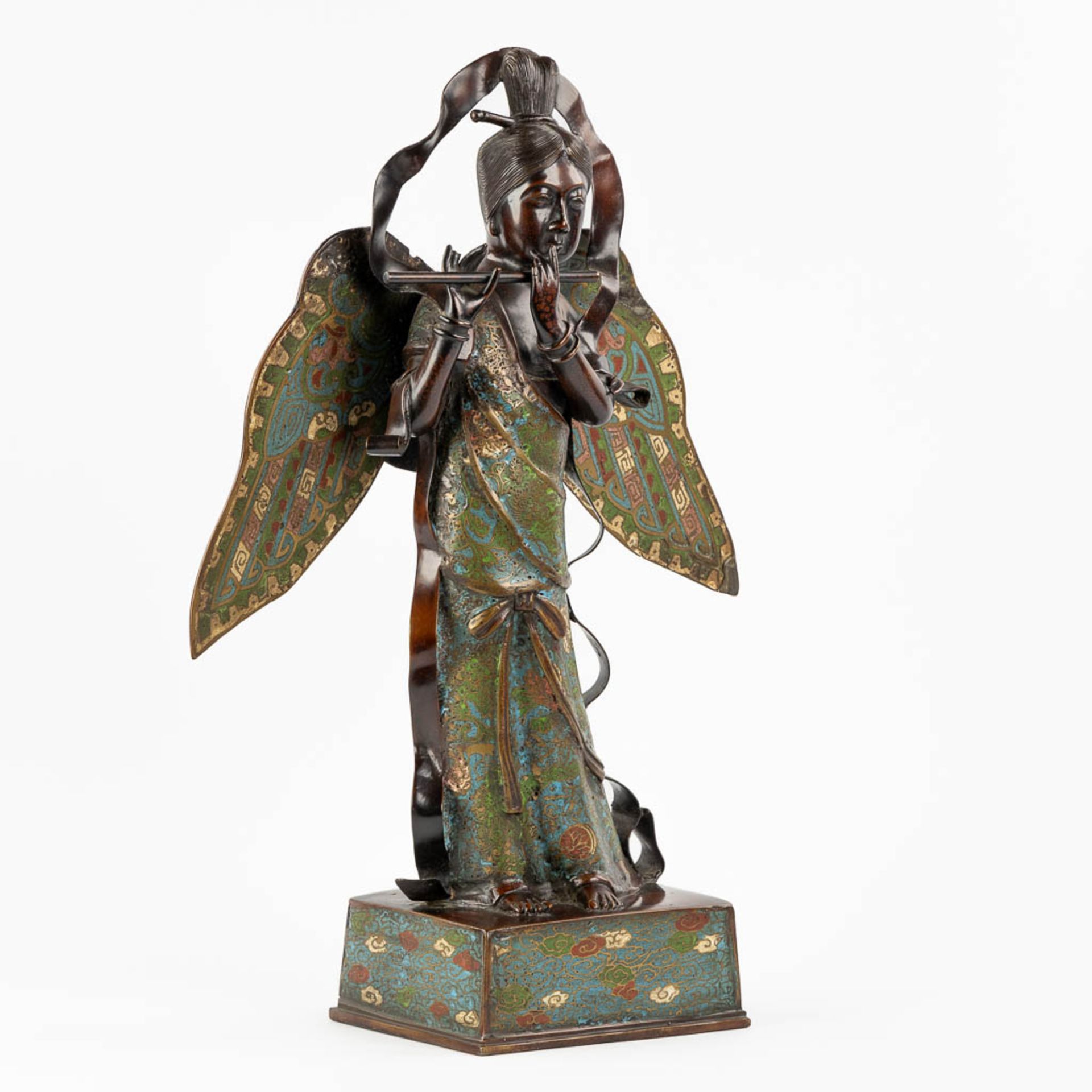 An Oriental figurine of an Angel with a flute, Champslevé bronze. (L:15 x W:35 x H:53 cm) - Image 3 of 14