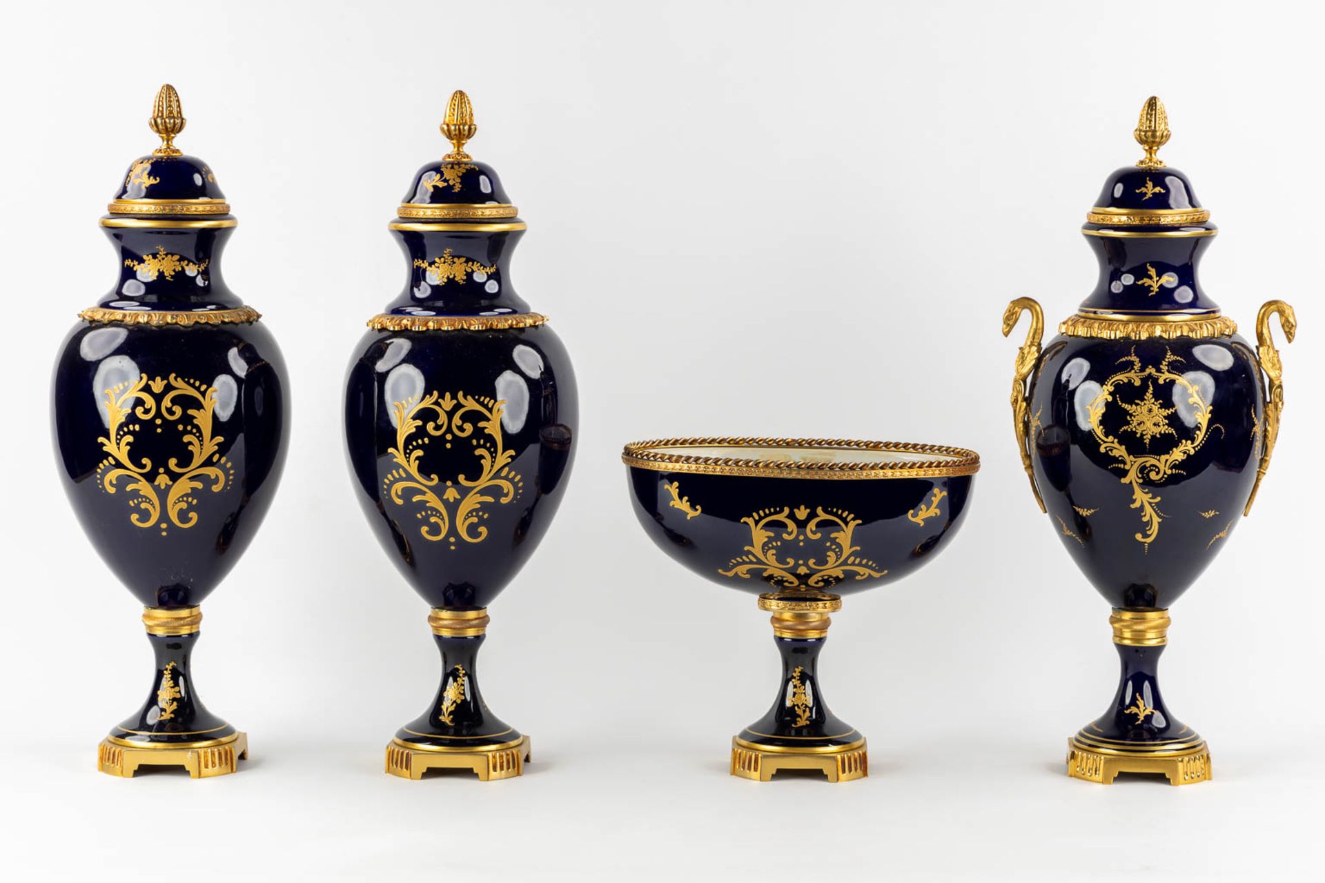 Limoges, three vases and a bowl, hand-painted porcelain mounted with bronze. 20th C. (H:51 x D:17 cm - Image 5 of 19