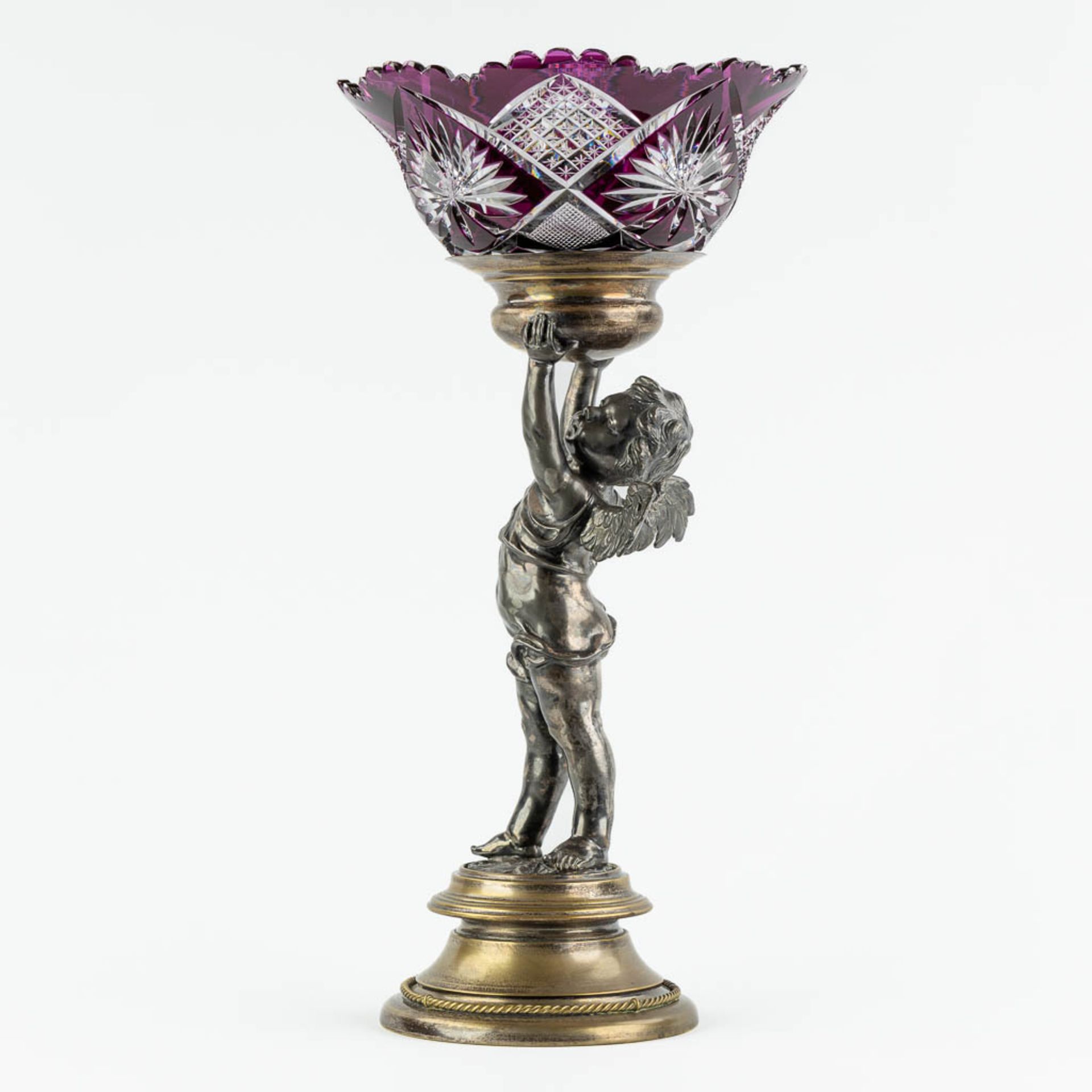 A putto, silver and gold plated bronze with crystal bowl, probably Val Saint Lambert. (H:56 x D:28 c - Bild 4 aus 13