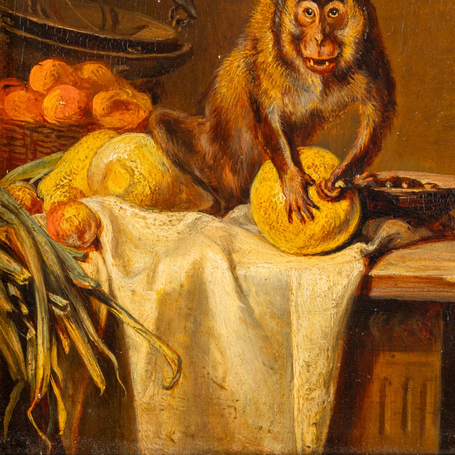 Monkey stealing a pumpkin, an antique painting, oil on panel. 19th C. (W:17 x H:22 cm) - Image 6 of 8