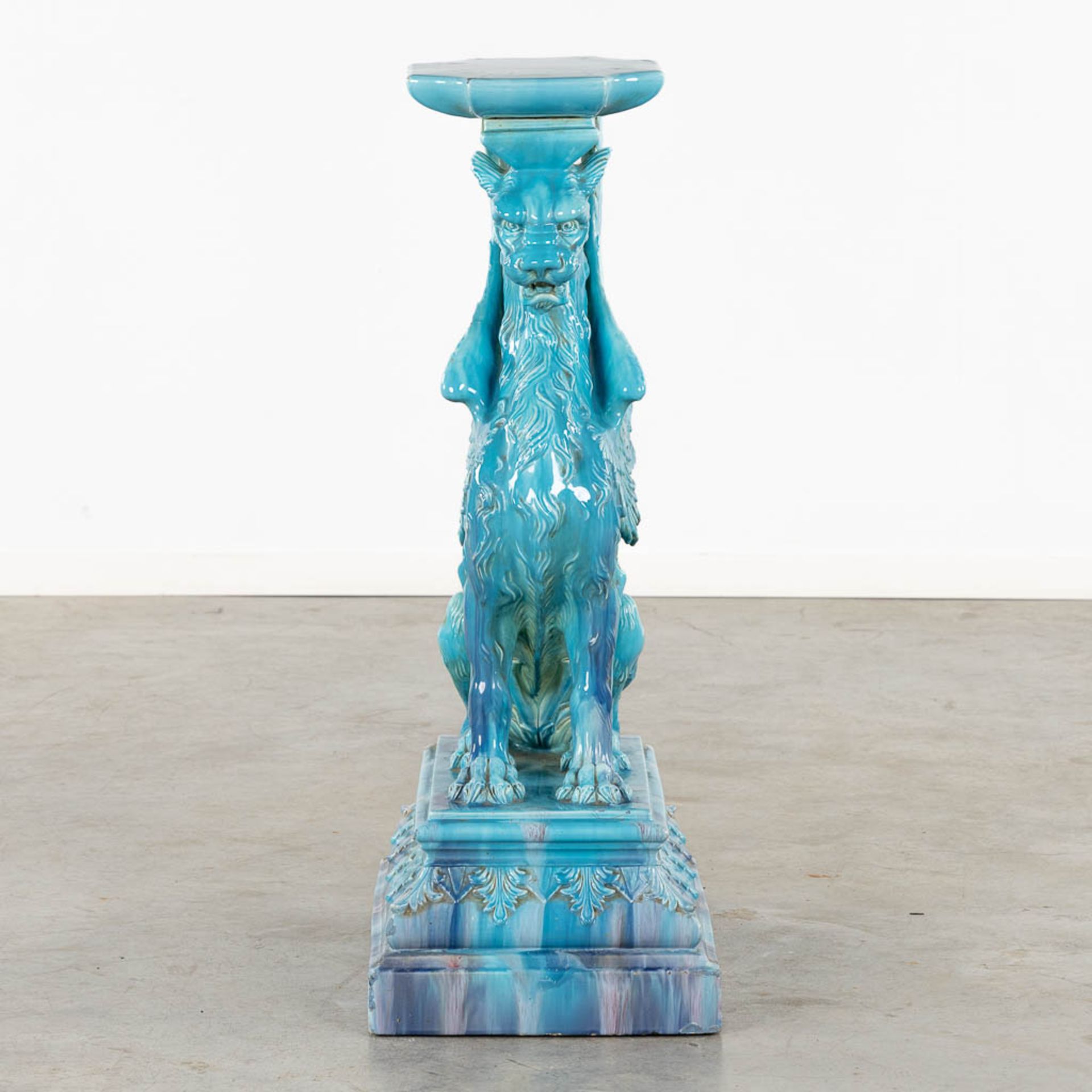 Jerome Massier, 'Soccle Chimère'. Blue glazed faience. 19th C. (L:54 x W:35 x H:96 cm) - Bild 3 aus 13