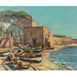 Jacques DE CHASTELLUS (1894-1957) 'Fishingboats on the beach' oil on canvas. (W:60 x H:50 cm)