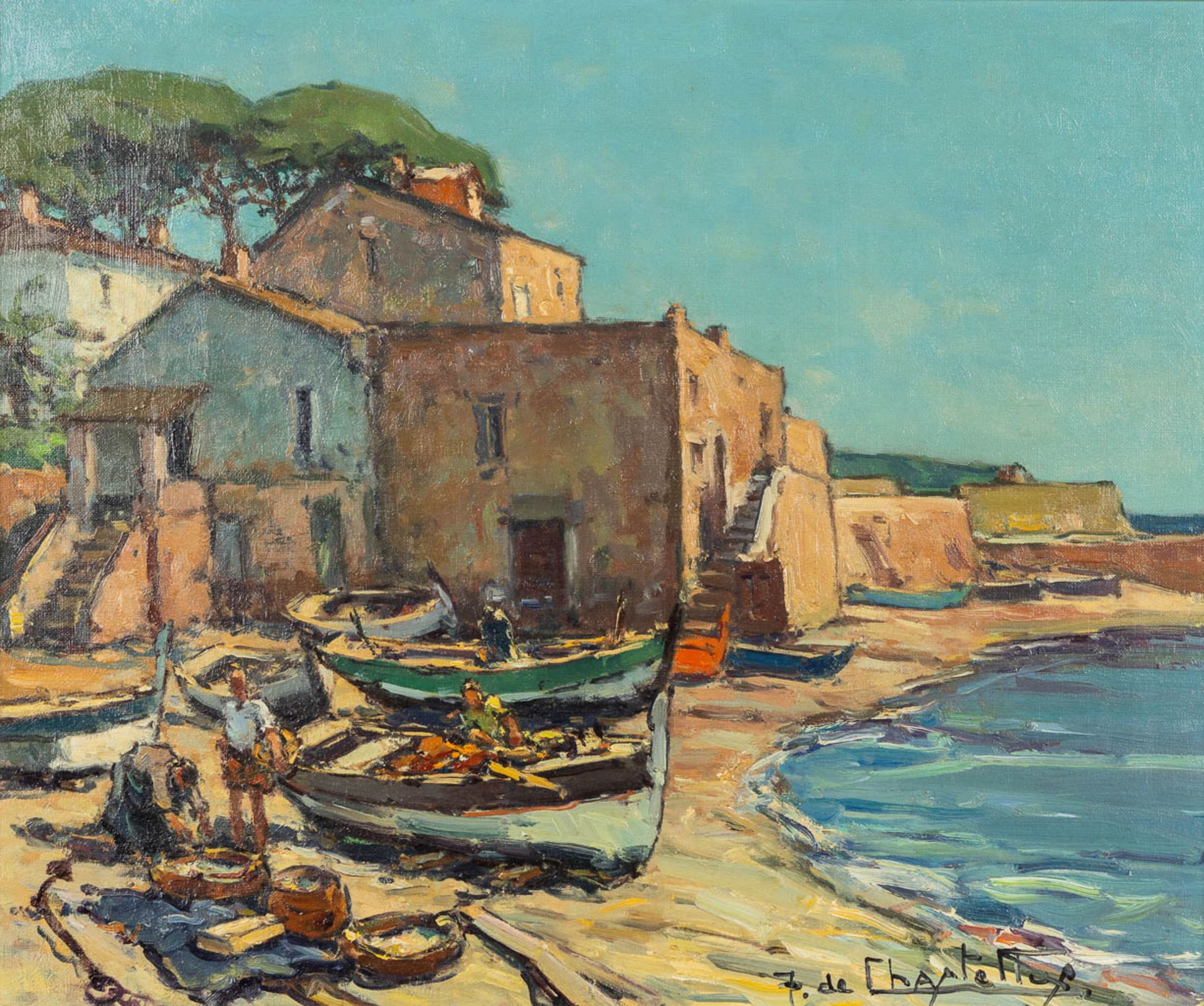 Jacques DE CHASTELLUS (1894-1957) 'Fishingboats on the beach' oil on canvas. (W:60 x H:50 cm)