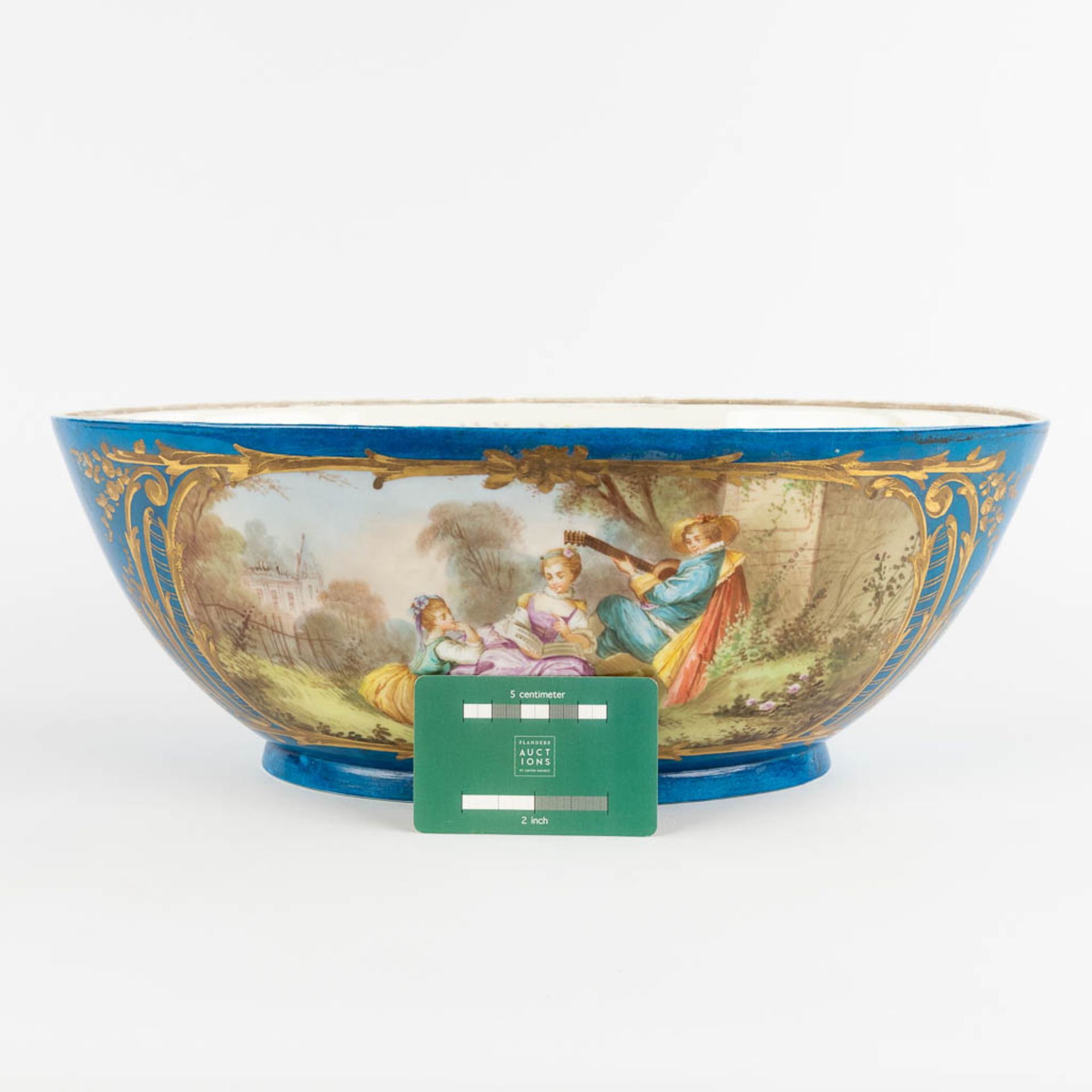 A large bowl, blue glaze with hand-painted decor, probably Limoges. (L:24 x W:39 x H:14 cm) - Image 2 of 12