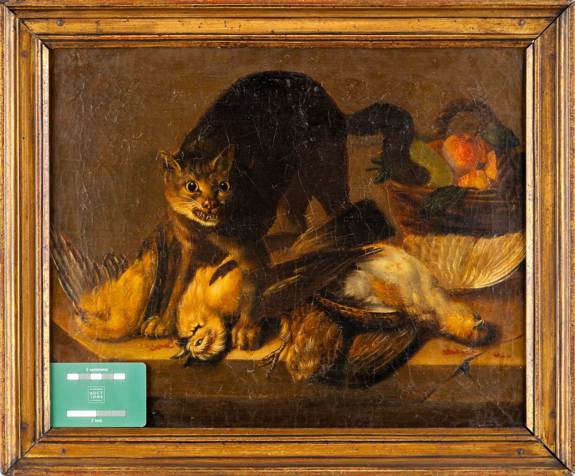 An angry cat and his prey, still life, oil on canvas. 19th C. (W:42,5 x H:34 cm) - Image 2 of 8