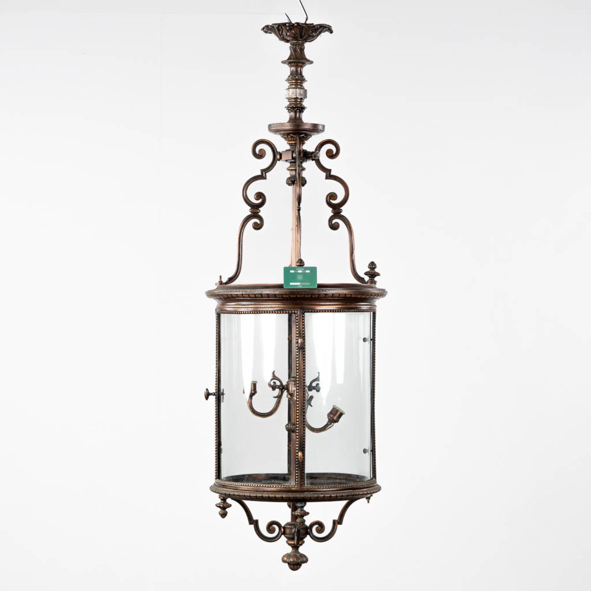 A large lantern, patinated metal and glass. Circa 1900. (H:144 x D:45 cm) - Bild 2 aus 12