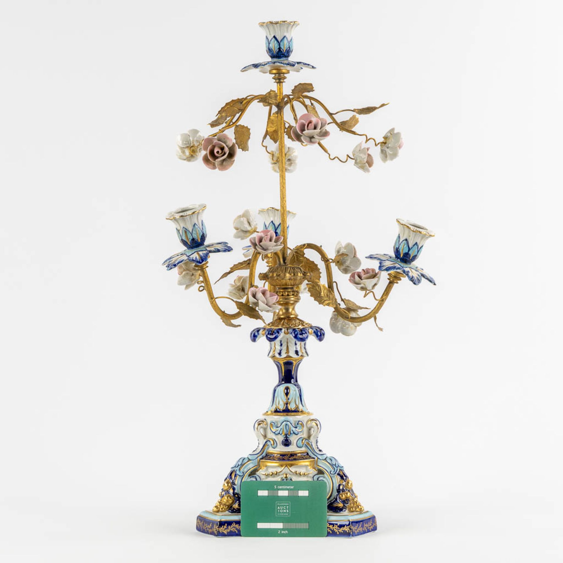 A candelabra, gilt brass and polychrome porcelain with flowers. Sèvres marks. (H:51 x D:24 cm) - Image 2 of 10