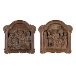 A pair of antique stations of a 'Stations of the cross', sculptured oak. 17th C. (W:50 x H:49 cm)