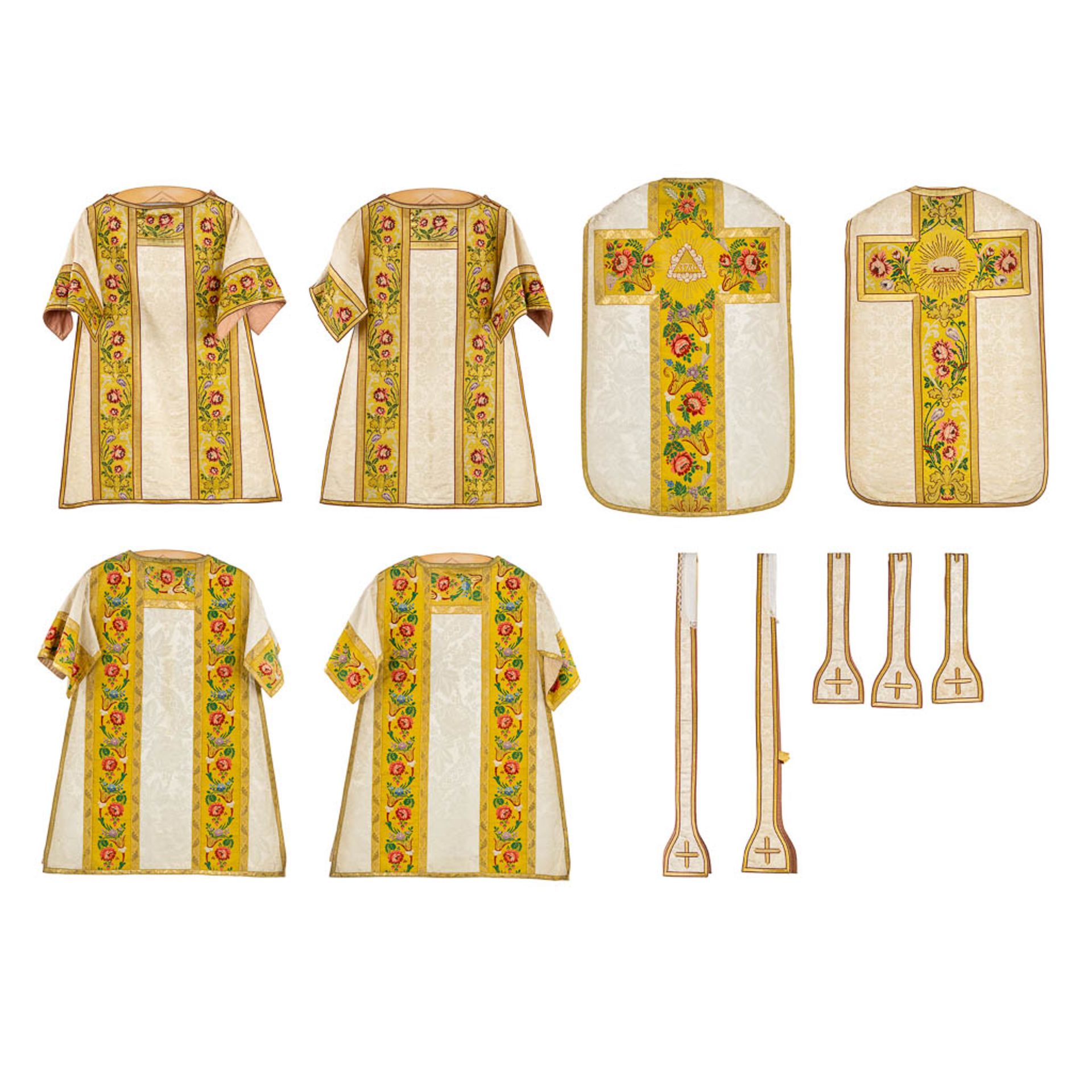 Four Dalmatics and two Roman Chasubles, Embroideries with floral decors.