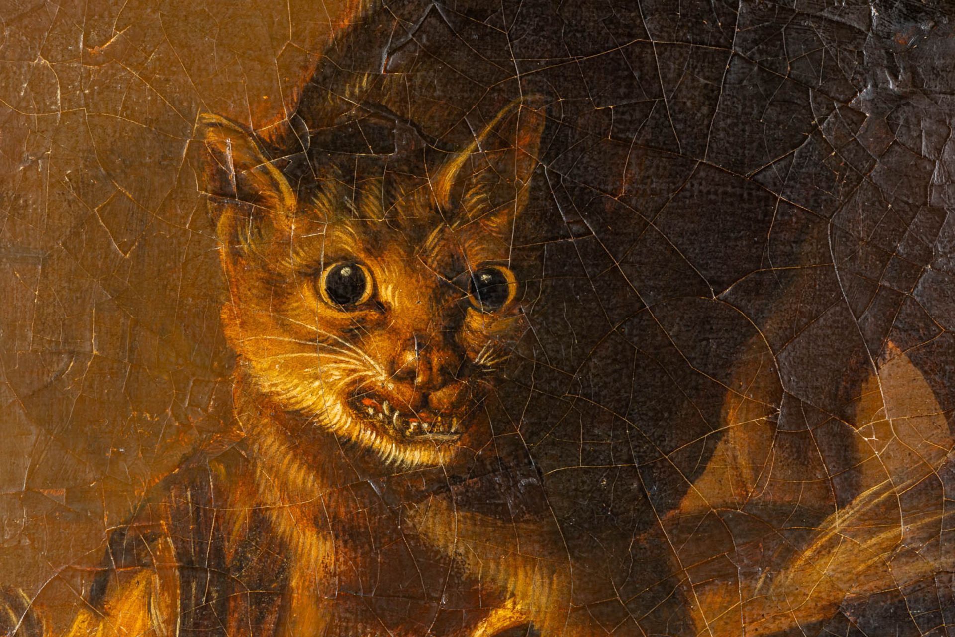 An angry cat and his prey, still life, oil on canvas. 19th C. (W:42,5 x H:34 cm) - Image 4 of 8