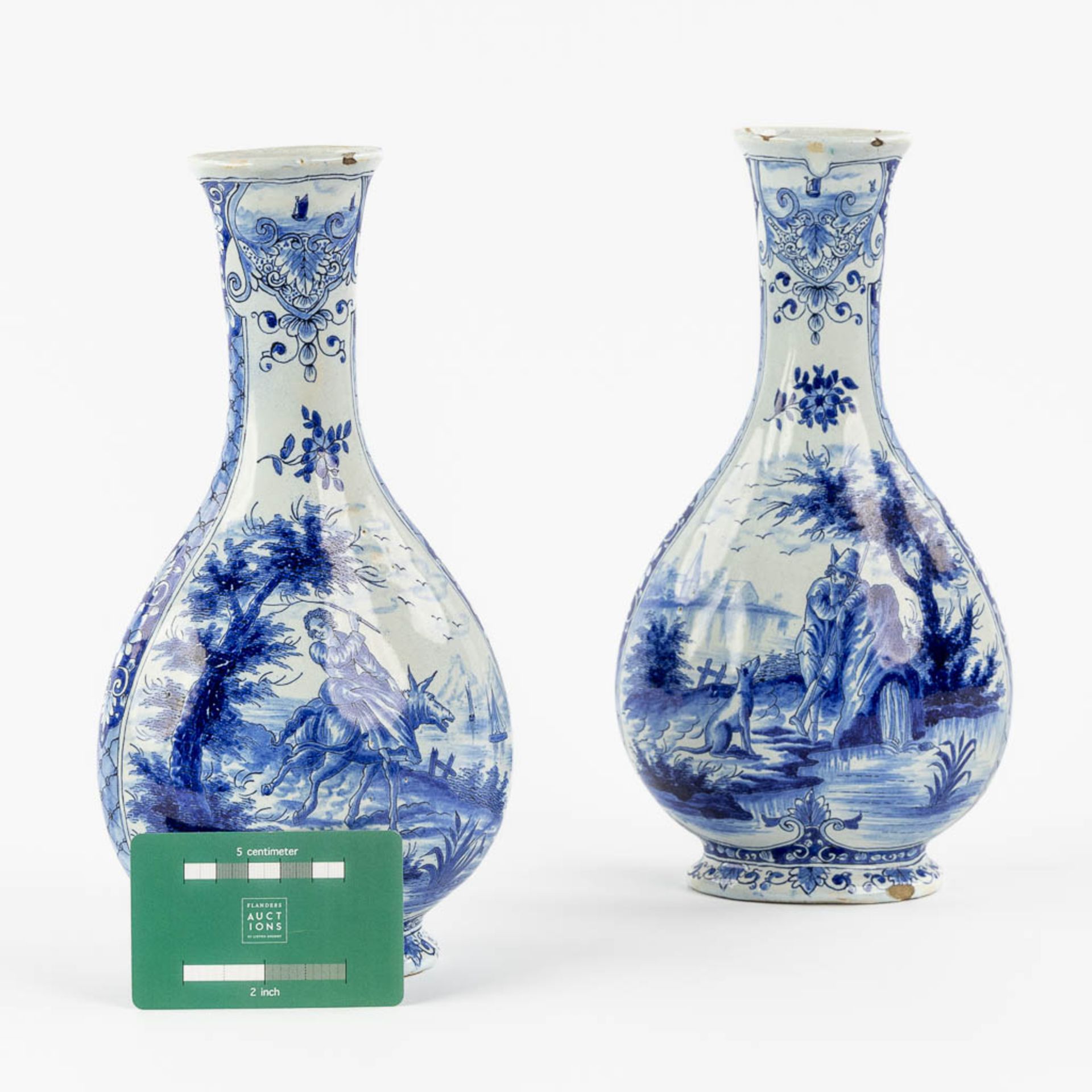Geertrui Verstelle, Delft, a pair of vases with a landscape decor. Mid 18th C. (L:9 x W:14 x H:26,5 - Image 2 of 15
