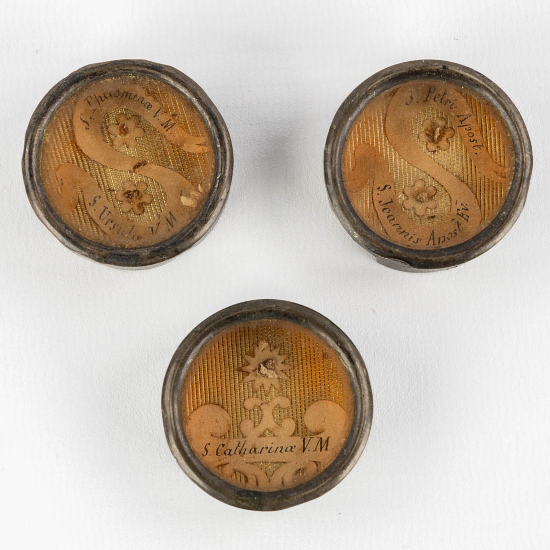 Three sealed theca with relics, Saint Ursula & Saint Philomena, Petri et Joannis Apostoli and Saint 