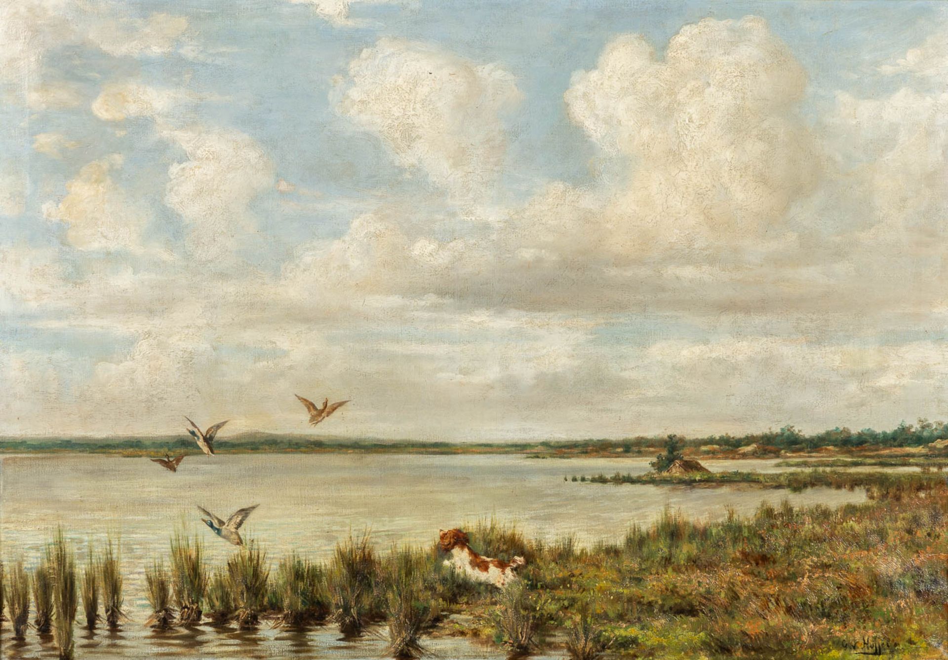 Georges VAN NUFFEL (XIX) 'Dog chasing ducks' oil on canvas. (W:100 x H:70 cm)