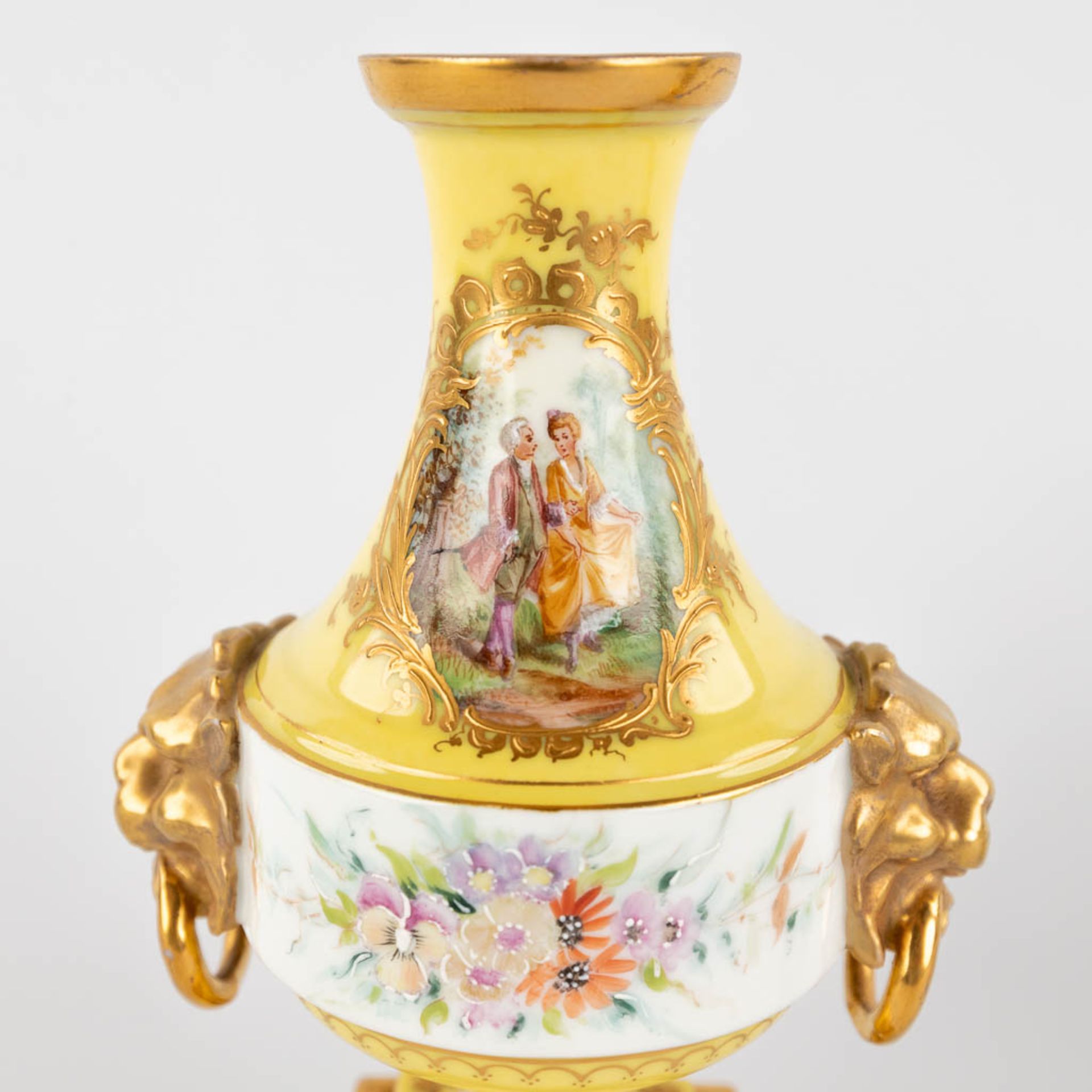 A pair of antique, hand-painted porcelain vases, yellow glaze and flower with lion's heads decor. (L - Image 12 of 16